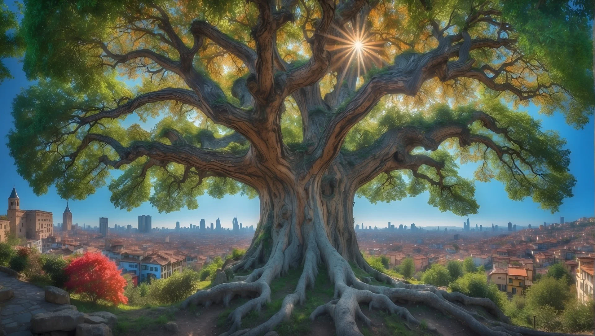 Large ancient tree with extensive roots and lush green leaves, sunlight shining through branches, overlooking a city skyline with tall buildings and houses.