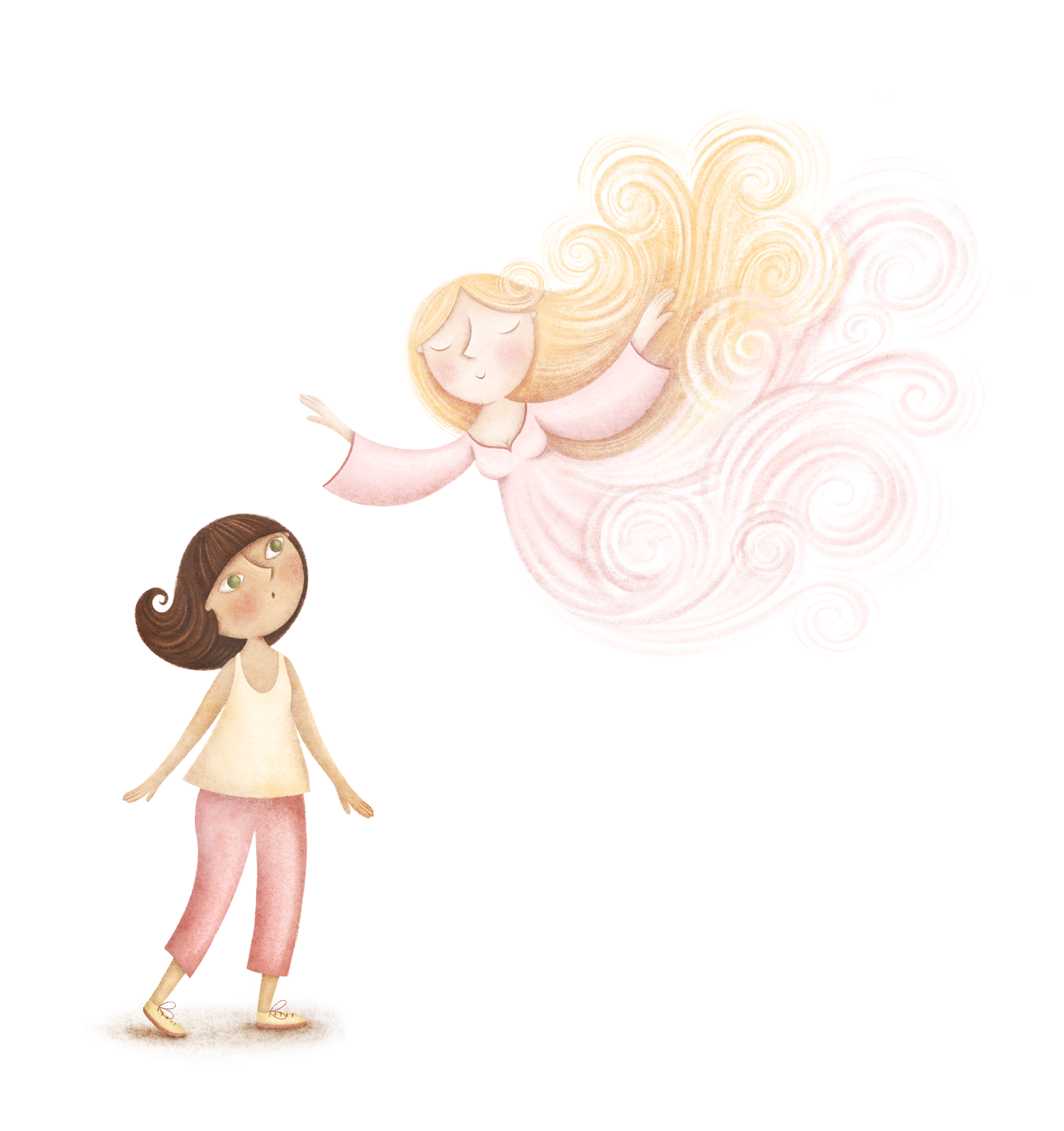 Lia a girl with brown hair and green eyes looking up at Madam X a blonde angel with swirling golden hair and pink flowing gown floating above her.