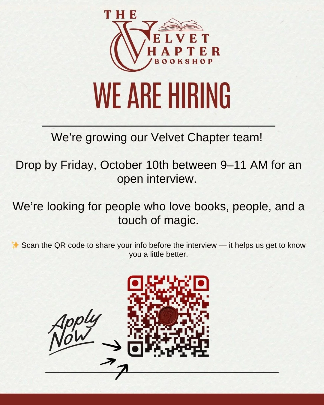 📚✨ WE ARE HIRING ✨📚

We&rsquo;re growing our Velvet Chapter team!

If you love books, people, and a touch of magic &mdash; we want to meet you.

Join us Friday, October 10th from 9&ndash;11 AM for a casual, in-person Hiring Morning.

This will be a