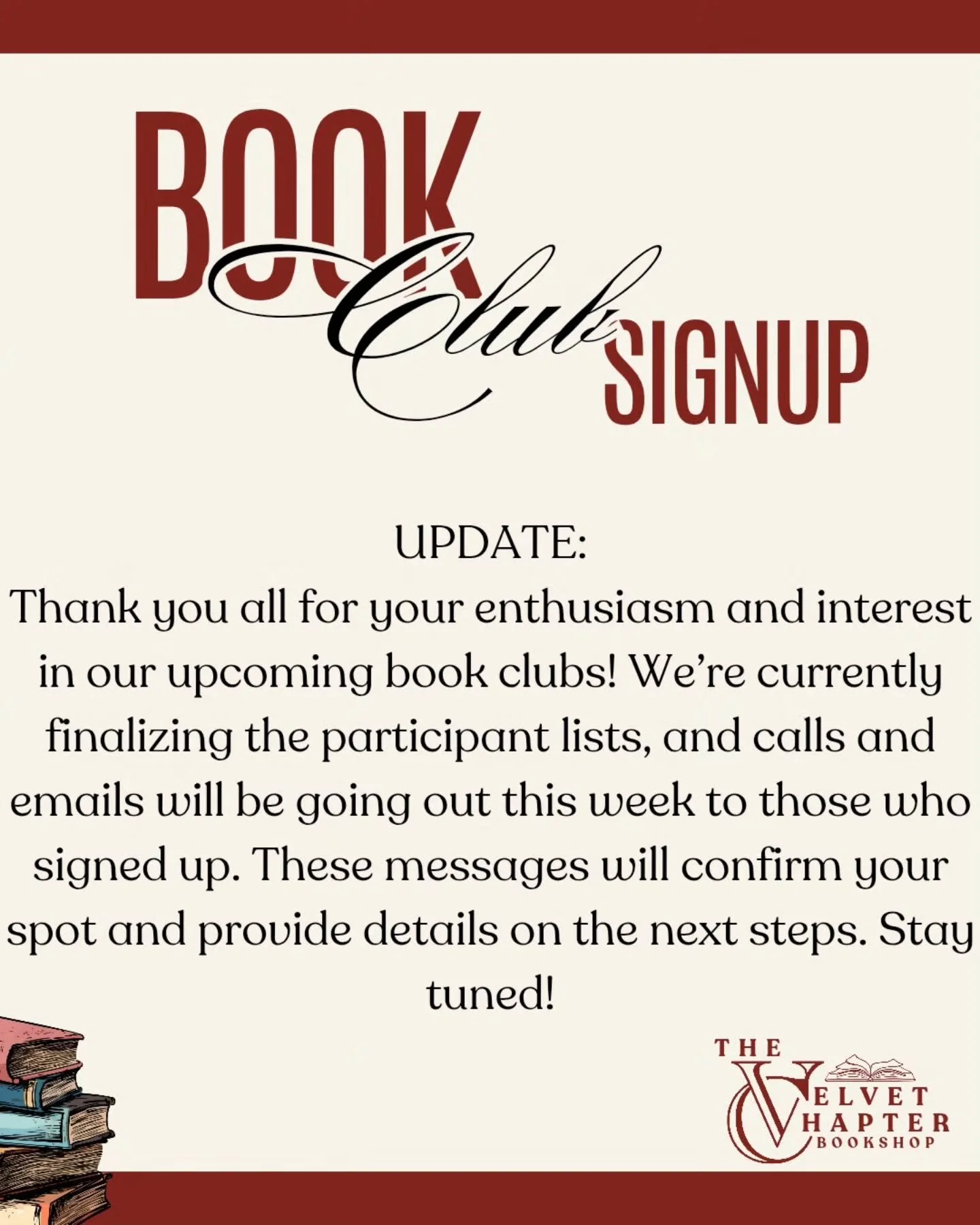 Just a little book club signup update... I hope you are ready for it!

#thevelvetchapter #thevelvetchapterbookstore #petalumabookstore #bookclub