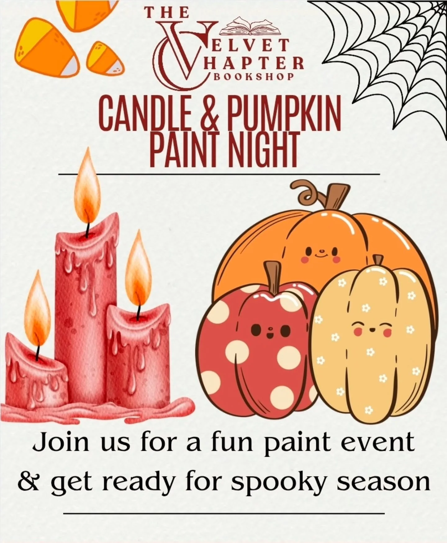 🎃🕯️&nbsp;Candle &amp; Pumpkin Paint Night!&nbsp;🕯️🎃
Get cozy &amp; creative this&nbsp;Sunday, October 19 at 6:30 PM!

Join us for a festive night of:
✨ Pumpkin painting
🕯️ Candle decorating
🍂 Fall vibes &amp; good company

🎟️&nbsp;Tickets:
$20