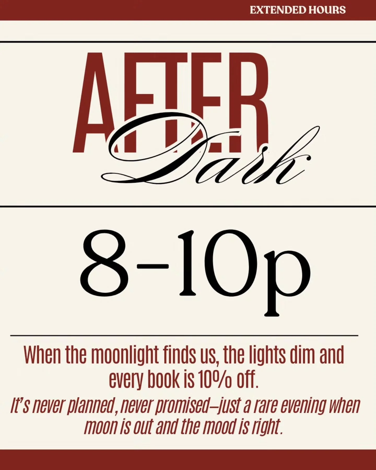 After Dark Hours Tonight - take 2 🤣

Come see us and enjoy the Petaluma downtown evening scene. 10% off purchases during after dark hours. Come see us between 8-10pm and find the perfect read to take home.

#TheVelvetChapter #theVelvetChapterBooksho