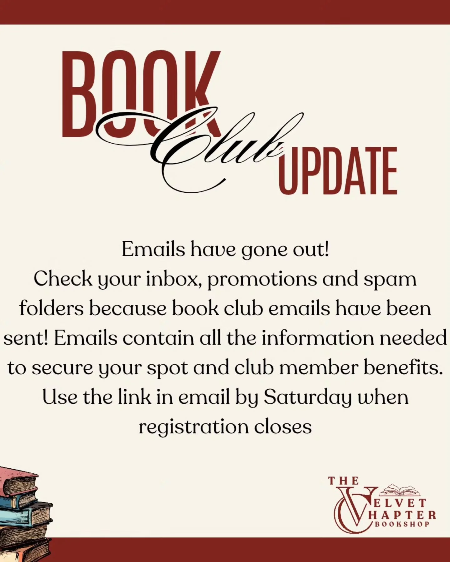 Check your emails!
If you signed up for one of our book clubs, go check your emails to finalize your spot. Check all the folders, inbox, promotions and spam to make sure that you have it. In that email will be a link with all the details to finalize