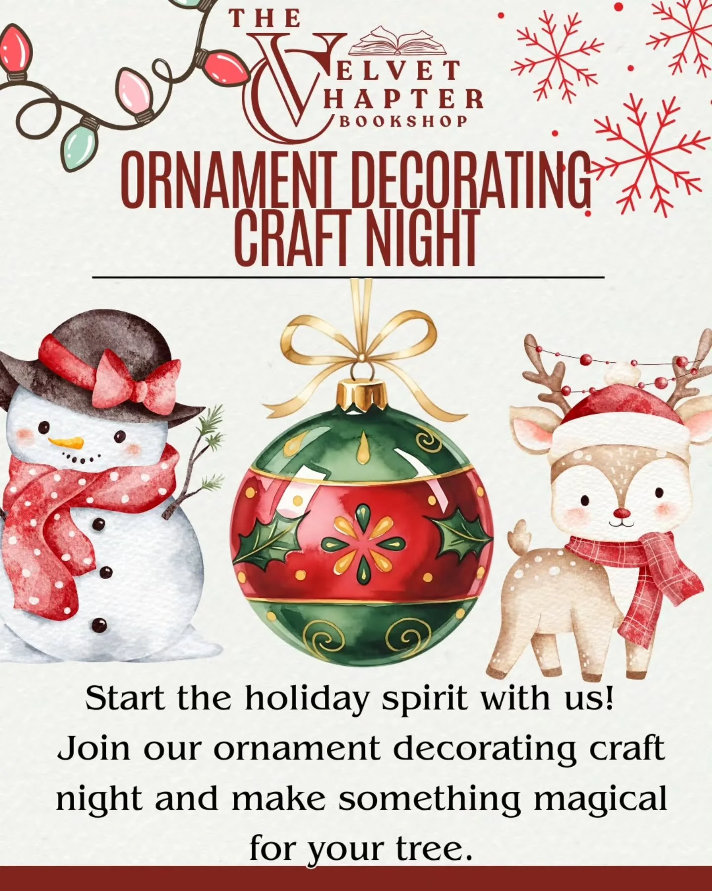 Start the holiday spirit with us! 
We&rsquo;re kicking off the season with a cozy Ornament Decorating Craft Night at The Velvet Chapter Bookstore!

📅 Saturday, November 29
⏰ 6:00 PM
📍 The Velvet Chapter Bookshop

Get creative, sip something warm, a