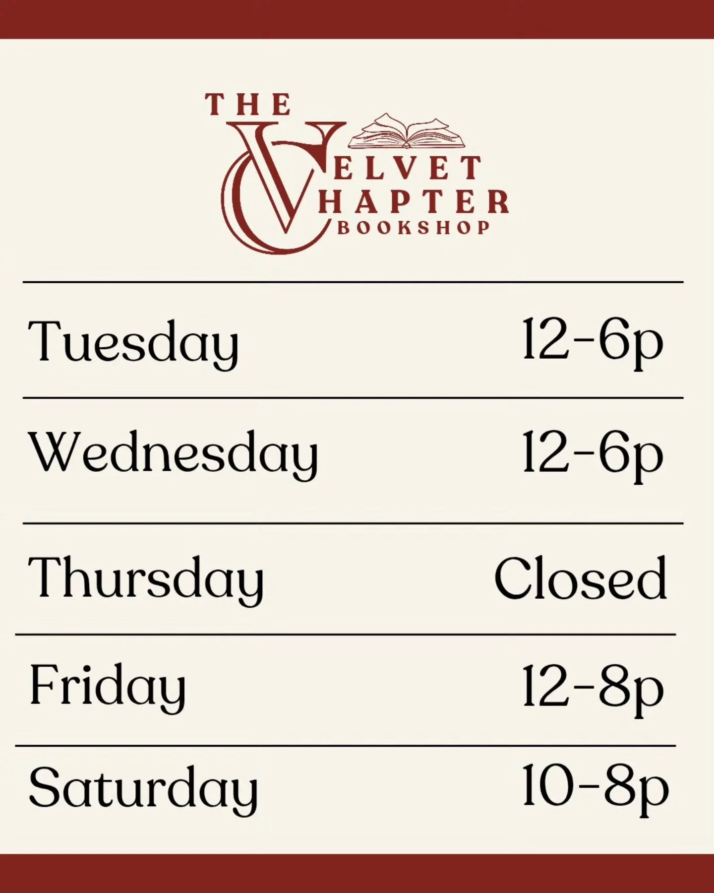 As we turn the page into the holiday season, here&rsquo;s a quick update on our hours!

We&rsquo;ll be open our regular schedule all week
but the shop will be closed on Thanksgiving Day as we take a moment to rest, read, and refuel.

We&rsquo;ll see 