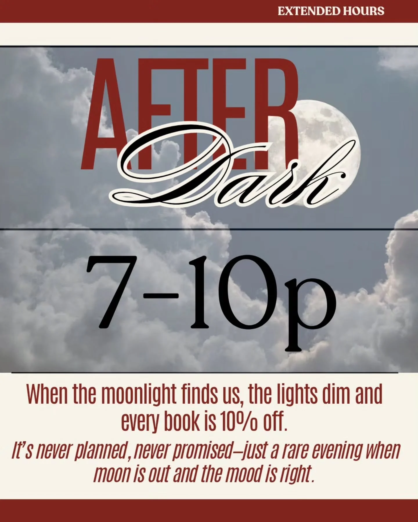 It&rsquo;s an After Dark night at The Velvet Chapter! 🌙

From 7&ndash;10pm, enjoy 10% off all books and a cozy, moody bookstore atmosphere you won&rsquo;t find any other time.

See you under the moonlight.

#thevelvetchapter #afterdark #latenighthou