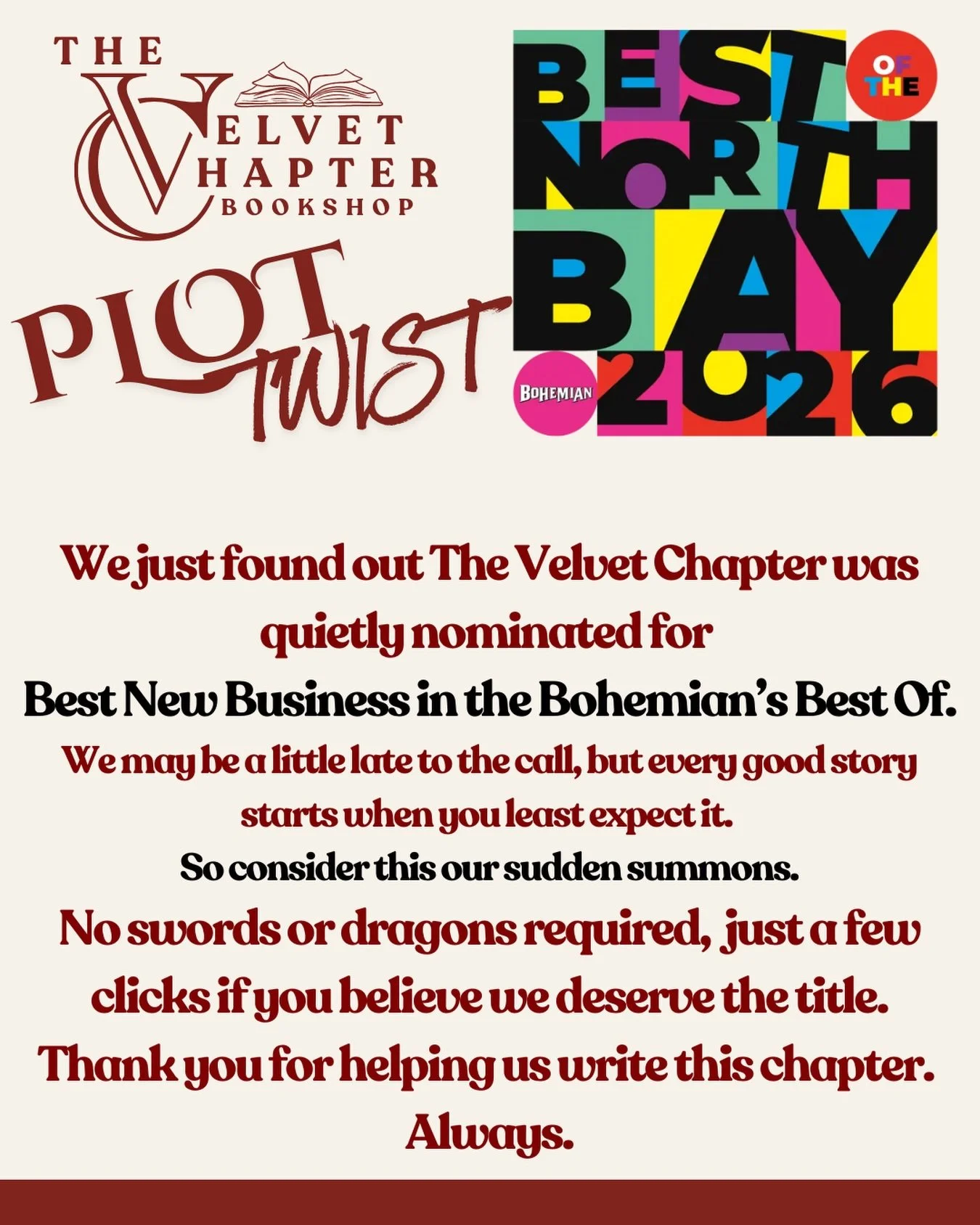 Plot twist. We just found out The Velvet Chapter was quietly nominated for Best New Business in the Bohemian&rsquo;s Best Of ballot.

A small surprise from the universe and a truly humbling one.
Thank you to whoever put our name forward. It means mor