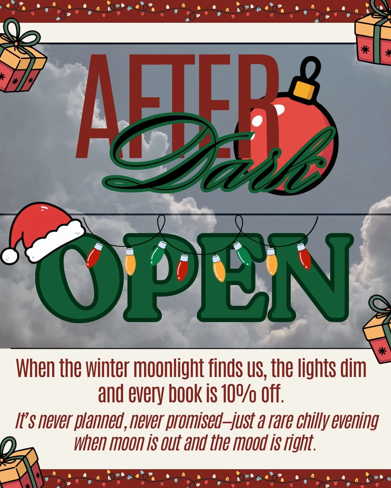 ❄️📖 Winter nights were made for this.
When the air turns crisp and the moon is out, the lights dim and the shelves whisper a little louder.

Every book is 10% off after dark.
8-10p
No plan. No promise. Just a good night to wander in.

Come warm up w