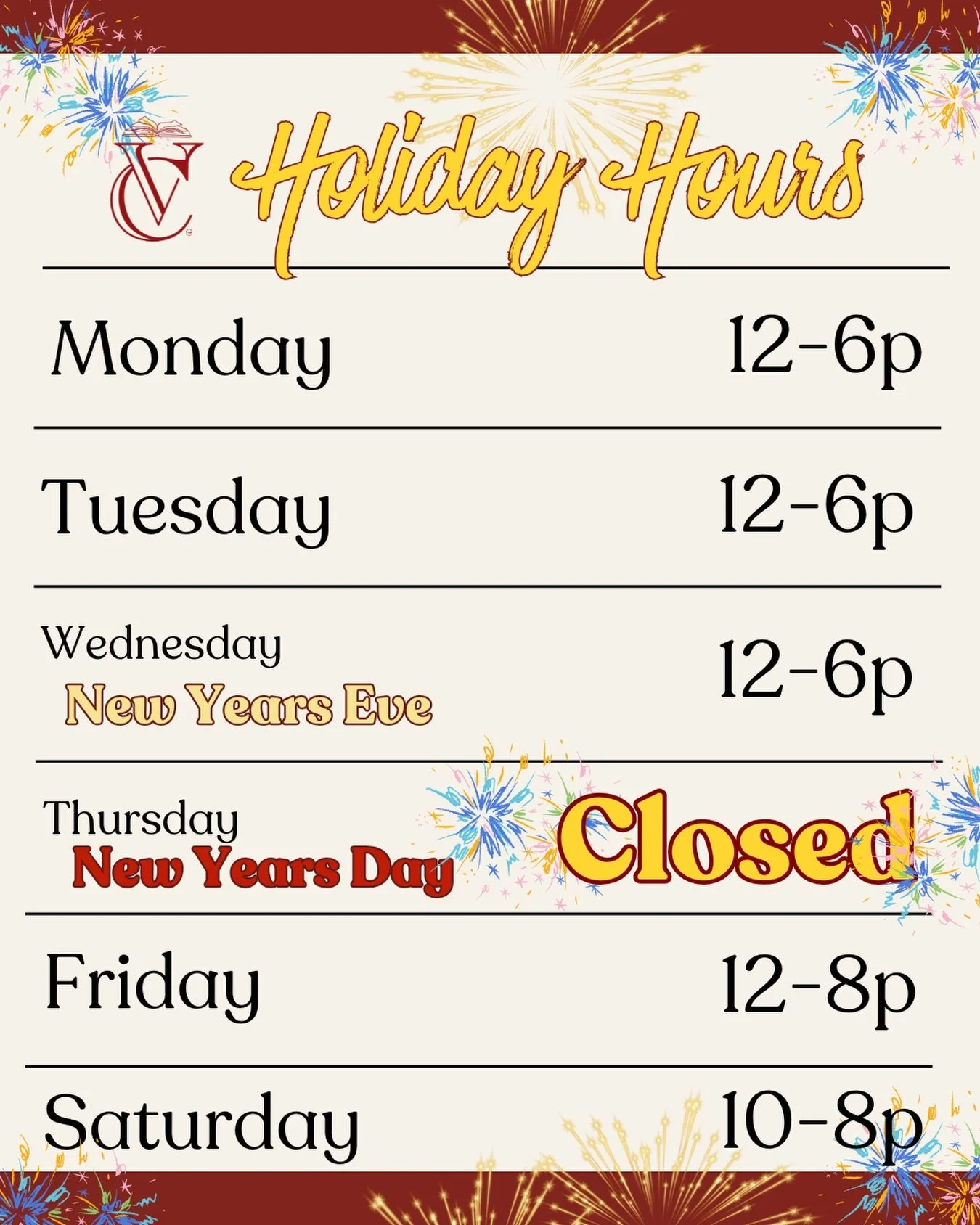 ✨ Holiday Hours Update ✨

We&rsquo;re OPEN on New Year&rsquo;s Eve
Come wander, grab a last-minute book, and romanticize your end-of-year plans with us 📚🍾

We&rsquo;ll be CLOSED on New Year&rsquo;s Day
Even bookstores need a slow morning and a litt