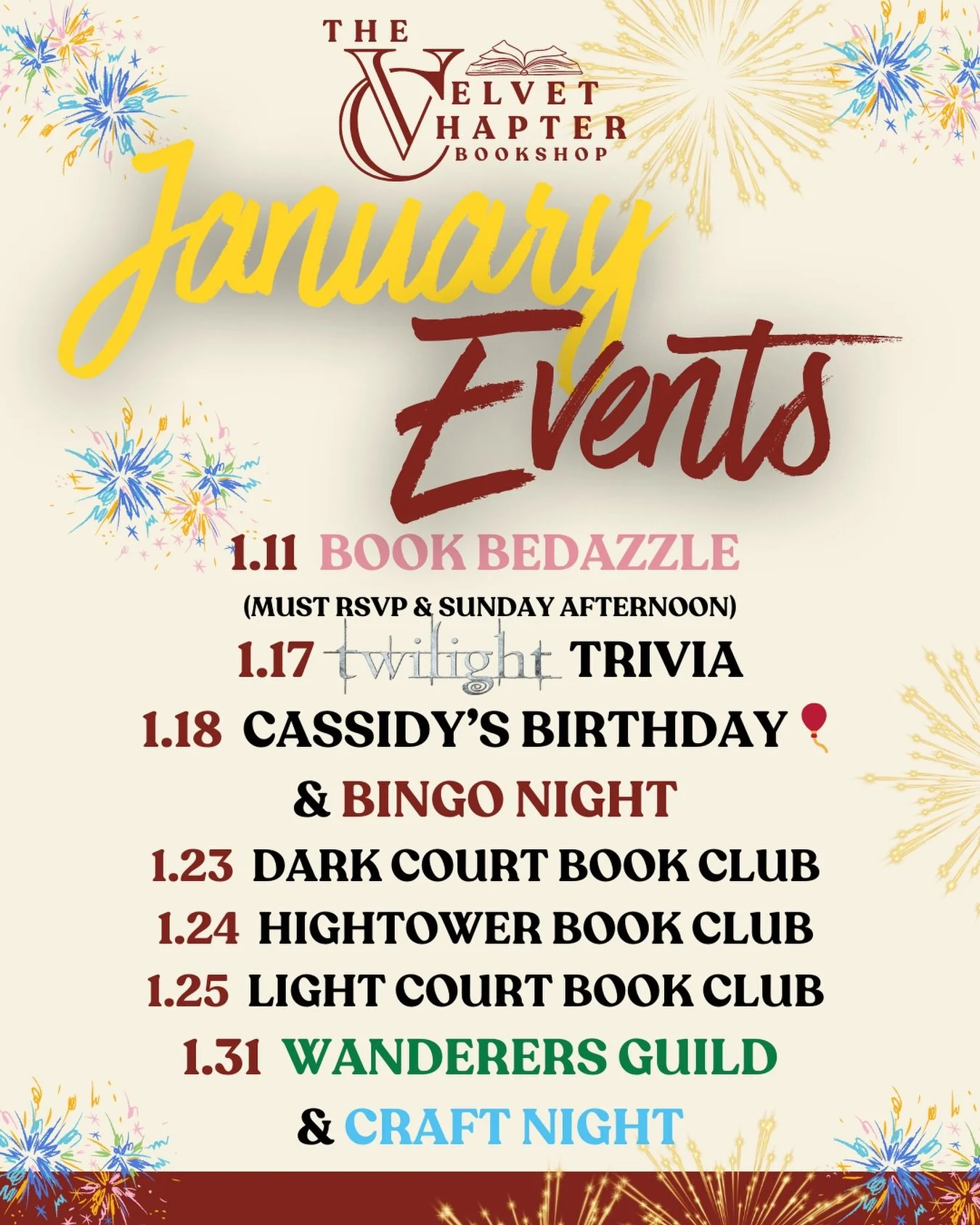 January at The Velvet Chapter is stacked. Like TBR-pile-on-your-nightstand stacked. 📚✨

New year, new events, same cozy chaos you love. Here&rsquo;s what we&rsquo;ve got brewing this month:

✨ 1.11 Book Bedazzle (RSVP required, Sunday afternoon vibe