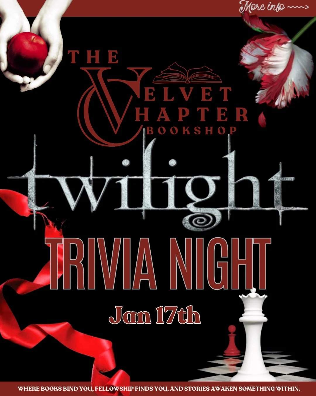 🩸🐺 TWILIGHT TRIVIA NIGHT 🐺🩸
Forks is calling&hellip; and yes, it&rsquo;s already twilight.
🕕 Tickets go LIVE TONIGHT at 6PM
🎟️ $10 per person
👥 Only 25 spots available
📍 The Velvet Chapter &middot; River Mill Event Space
📅 Jan 17th &middot; 