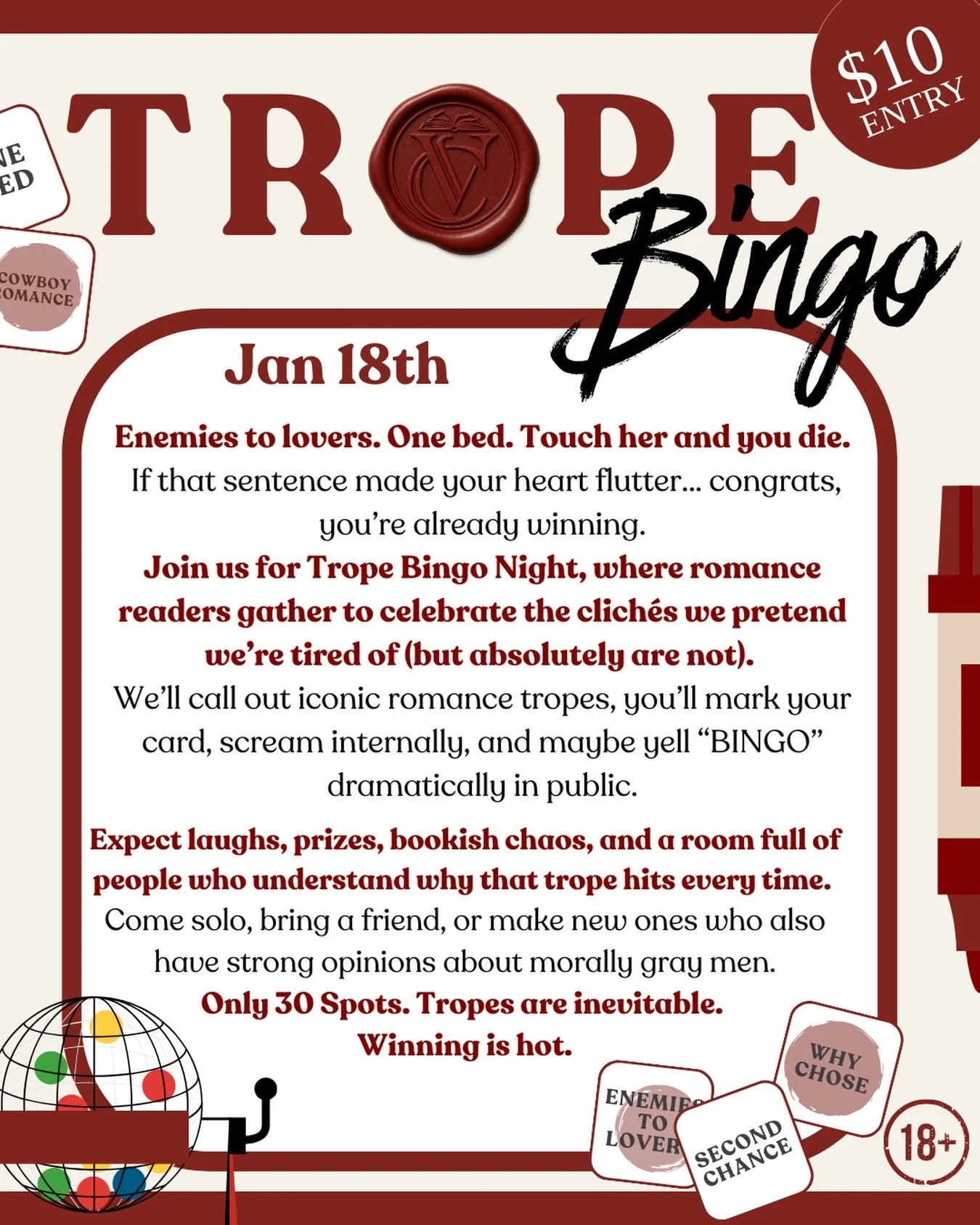 Enemies to lovers. ⚔️ 💋 
One bed. 🛌 
Touch her and you die. ✋ 
If you whispered &ldquo;oh no&rdquo; but smiled anyway&hellip; this night is for you 😉 
💌 Trope Bingo Night at The Velvet Chapter
📅 Jan 18 
⏰ 6pm
🎟️ $10 entry 
Tix go live at 12pm, 