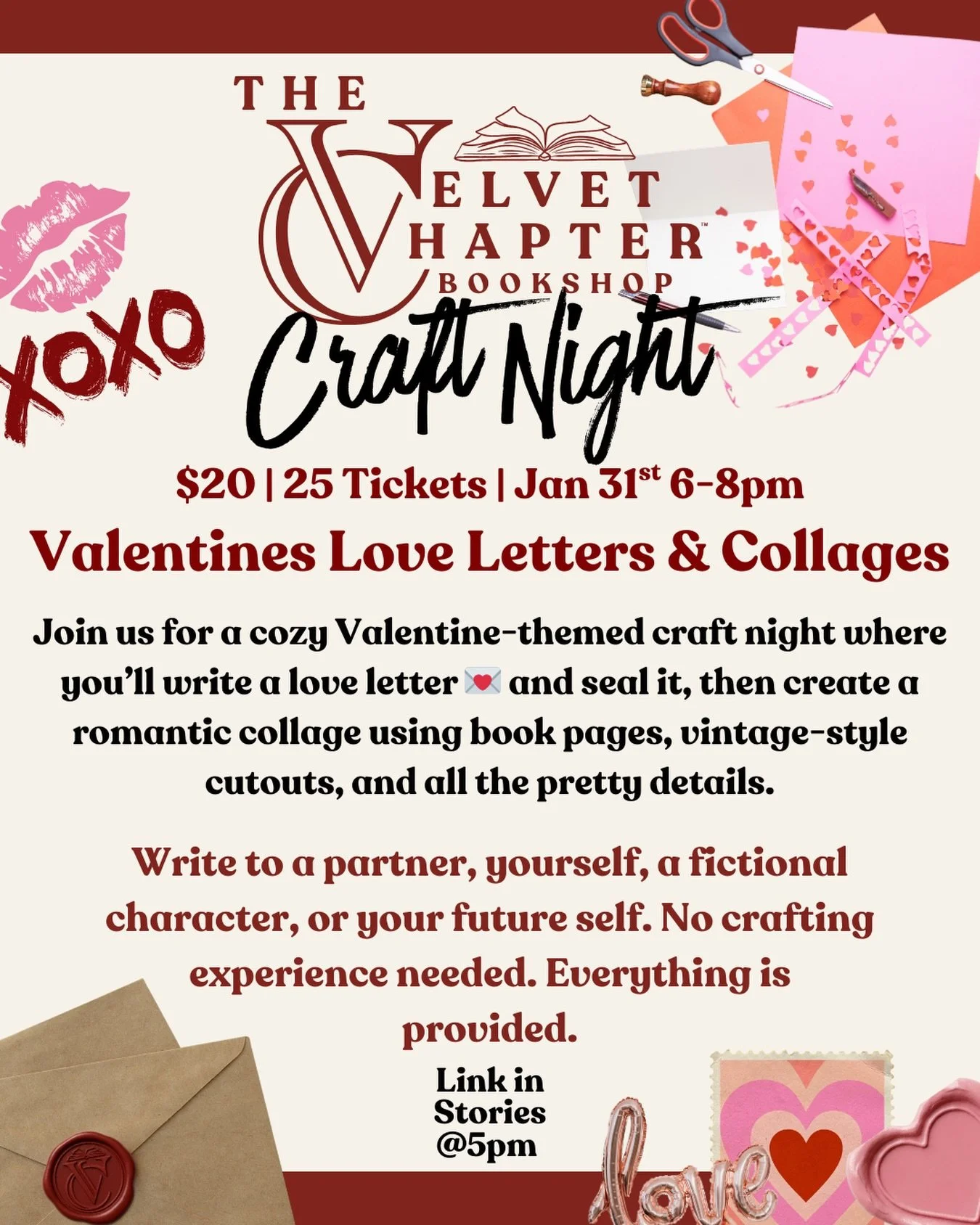 XOXO, craft night is calling 💌✂️
Join us for a cozy Valentine-themed craft night where we&rsquo;ll slow down, get a little sentimental, and make something meaningful. Write a love letter (to a partner, yourself, a fictional character&hellip; we don&