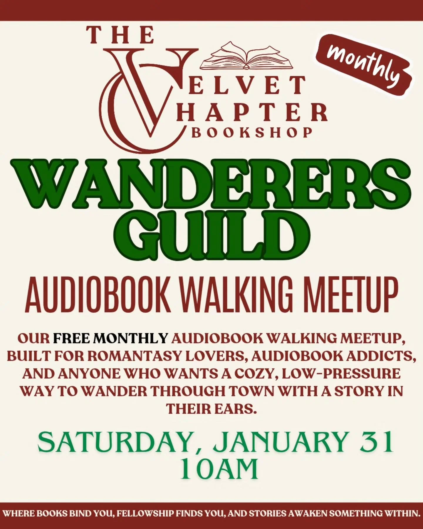 The road calls once more ✨

The Wanderers Guild meets January 31 at 10am at The Velvet Chapter for an audiobook walking adventure worthy of song and story. 

Together we&rsquo;ll set out, footsteps steady, tales unfolding in our ears, turning an ordi