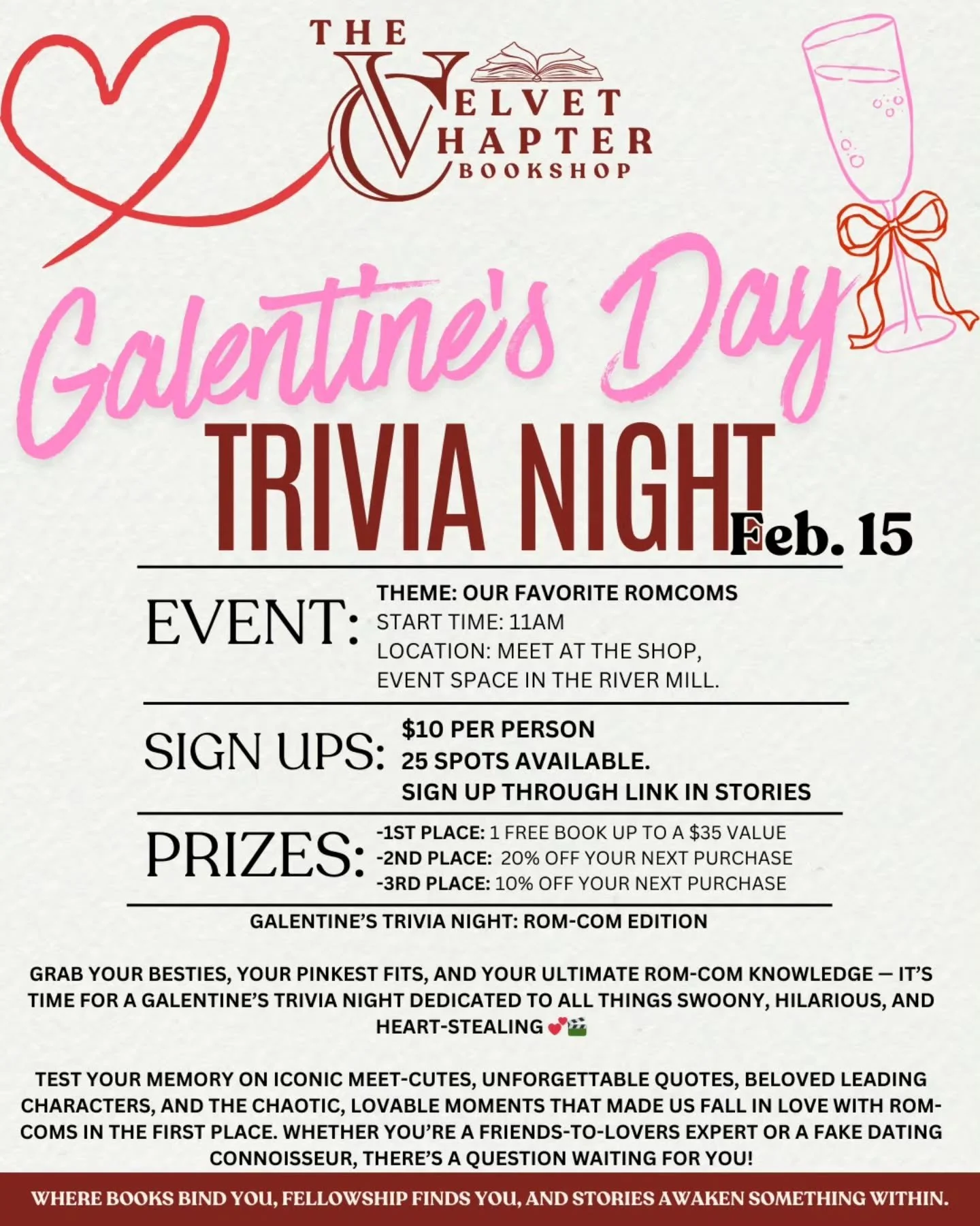 Galentine&rsquo;s Trivia Night: Rom-Com Edition ✨💖

Next weekend's event is right around the corner.
Grab your besties, your pinkest fits, and your ultimate rom-com knowledge &mdash; it&rsquo;s time for a Galentine&rsquo;s Trivia Night dedicated to 