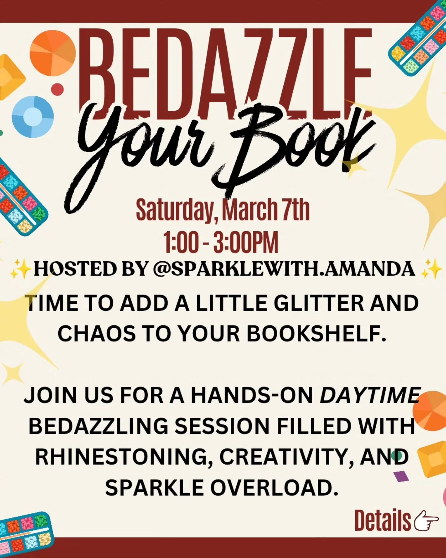 It's the beginning of the month.. and you know what that means... it's time to reserve your spot for our Bedazzle event with @sparklewith.amanda 

Date: Saturday, March 7th
Time: 1-3pm
Location: the shop!

Ticket link will be in our stories at 6pm!

