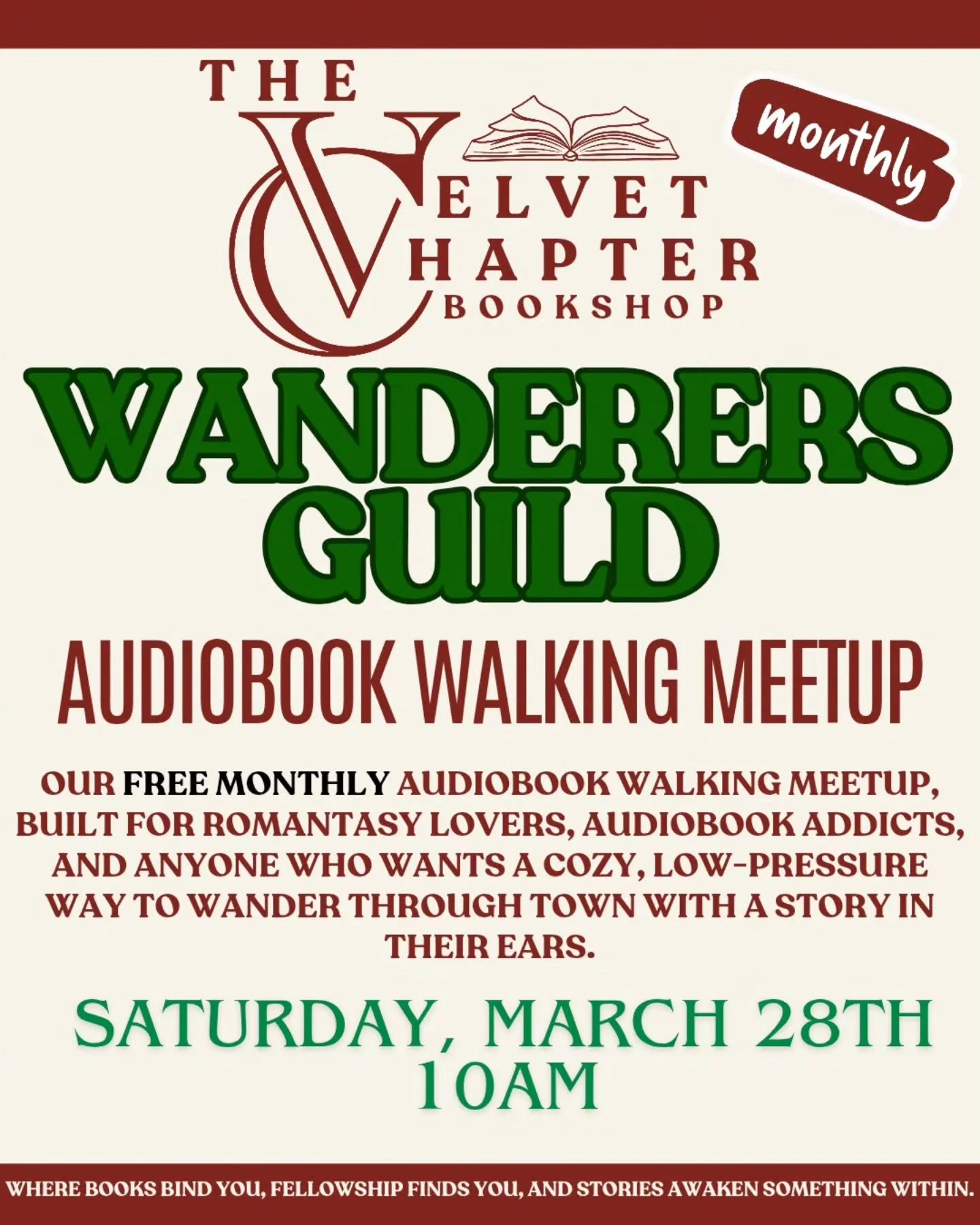 ✨🚶&zwj;♀️ Wanderers Guild Gathering 🚶&zwj;♂️✨

Next weekend, we&rsquo;re stepping into our stories&mdash;one chapter at a time. 🎧📚
Join us for an audiobook walking meet-up, where fresh air meets fictional worlds and every step pulls you deeper in