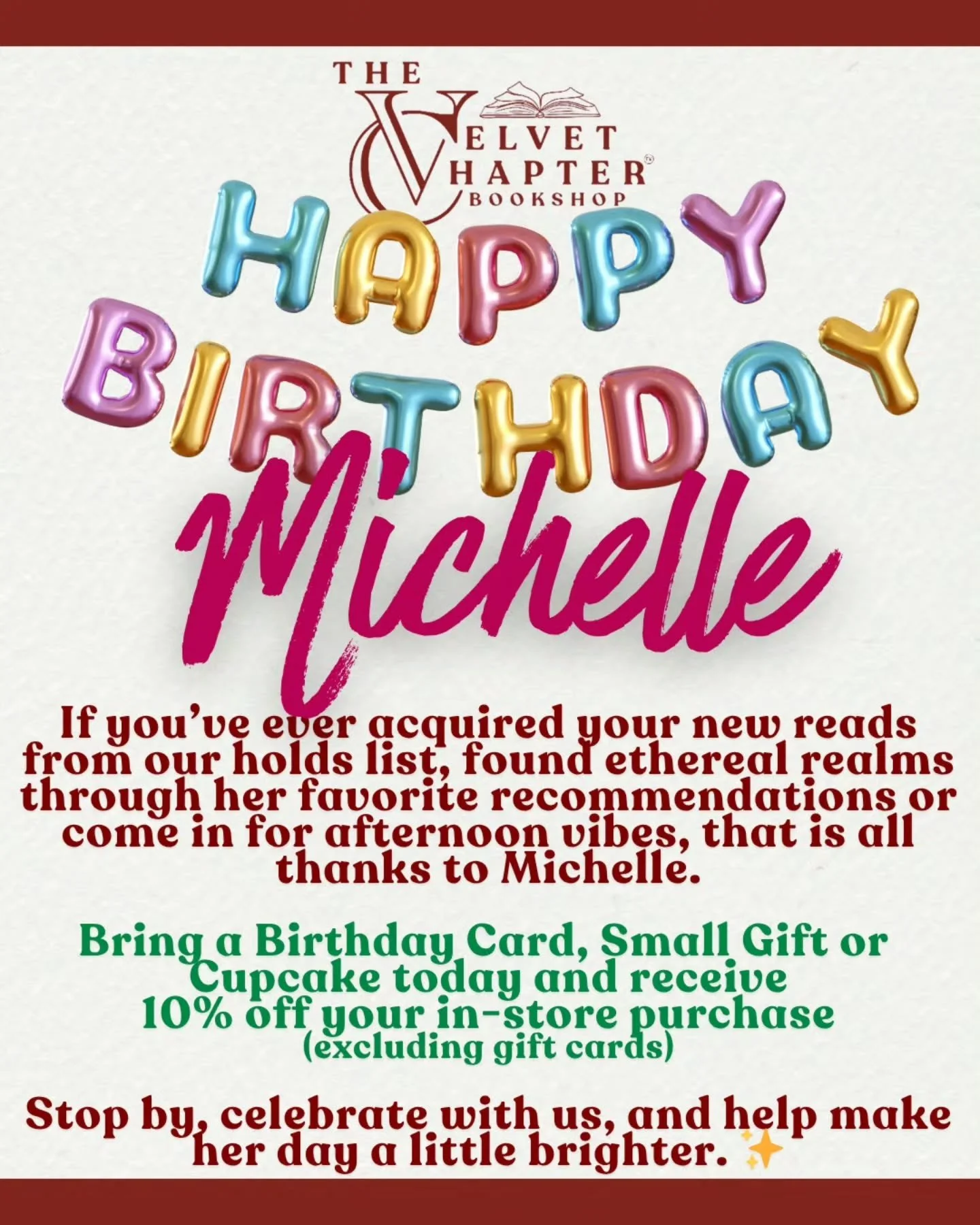 ✨🎉 Happy Birthday, Michelle! 🎉✨

The magic behind the scenes? That&rsquo;s Michelle. 🖤
From keeping our spreadsheets in line, to making the holds form seamless, to helping bring Ethereal Realms (and all the daily vibes you love) to life... she&rsq