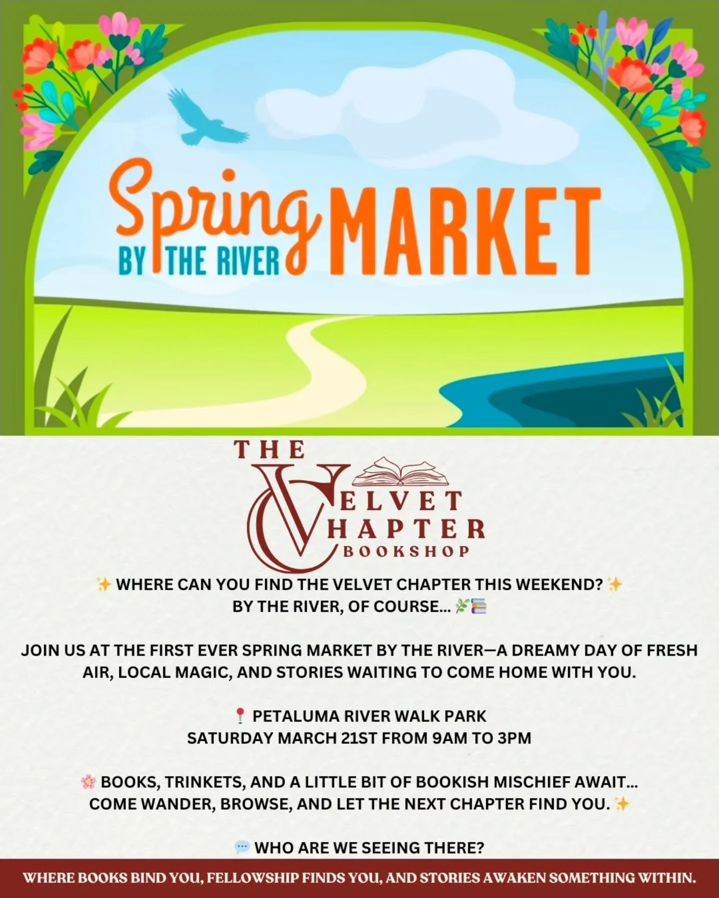 ✨ Where can you find The Velvet Chapter this weekend? ✨

By the river&hellip; where stories wander and a little magic waits. 🌿📚

Join us at the first ever Spring Market by the River for a day of sun, stories, and serendipitous finds.

🗓 Saturday, 