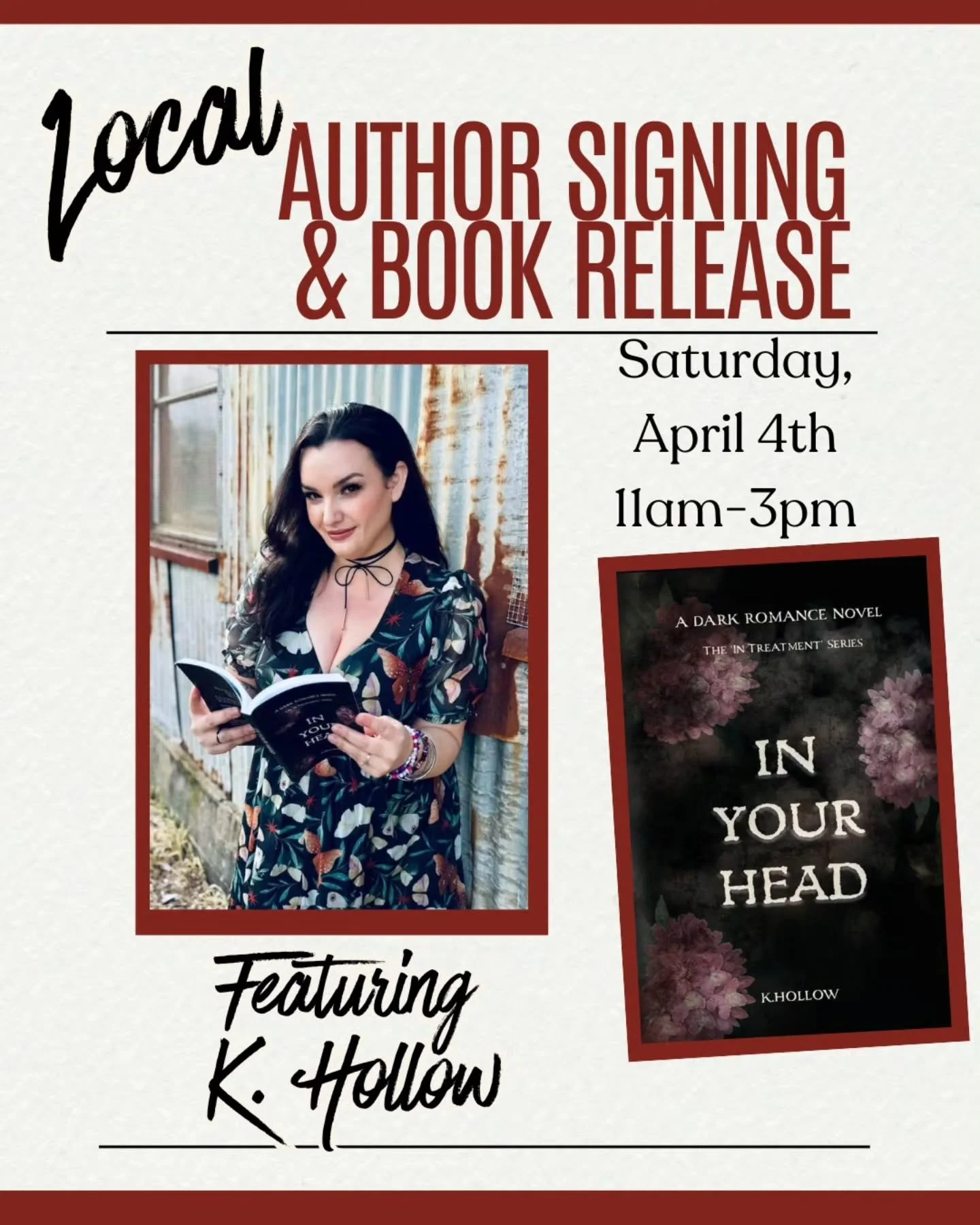 Join us at The Velvet Chapter as we celebrate local author K. Hollow and the release of In Your Head 🖤

Meet the author, get your copy signed, and step into a story that&rsquo;s ready to live rent-free in your mind&hellip;

🗓 April 4th
⏰ 11 AM &nda