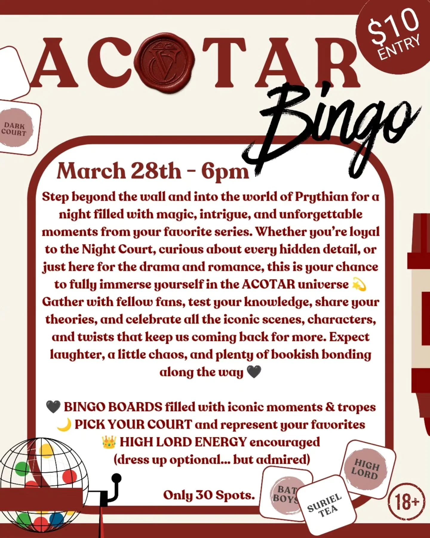 ✨🔮 ACOTAR Bingo Night is calling&hellip; 🔮✨

Step beyond the wall and into a night of magic, mischief, and a little High Lord chaos. 👑🖤

Join us for ACOTAR Bingo&mdash;where iconic moments, favorite tropes, and a room full of fellow fans come tog