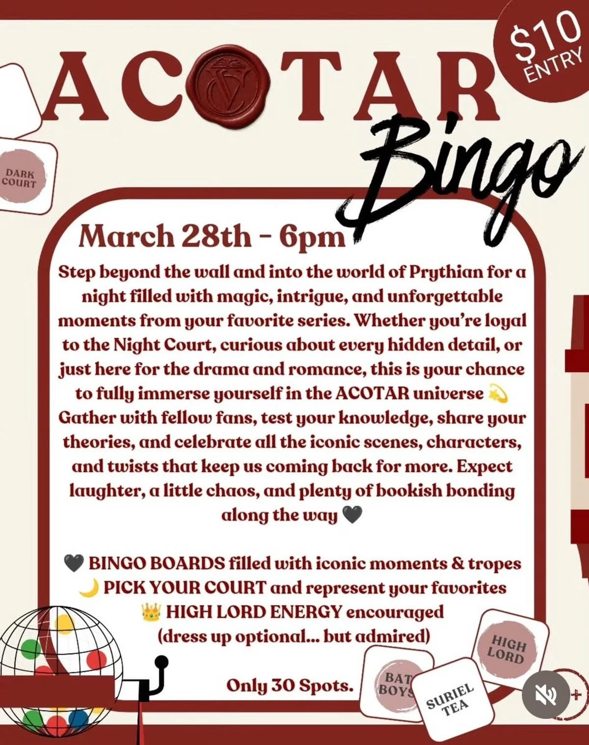 🗓️Saturday the 28th 
📍The Velvet Chapter
🎟️$10 (link on our page)
⏰6pm

👑get ready for all your favorite ACOTAR tropes!
Lots of bookish fun!