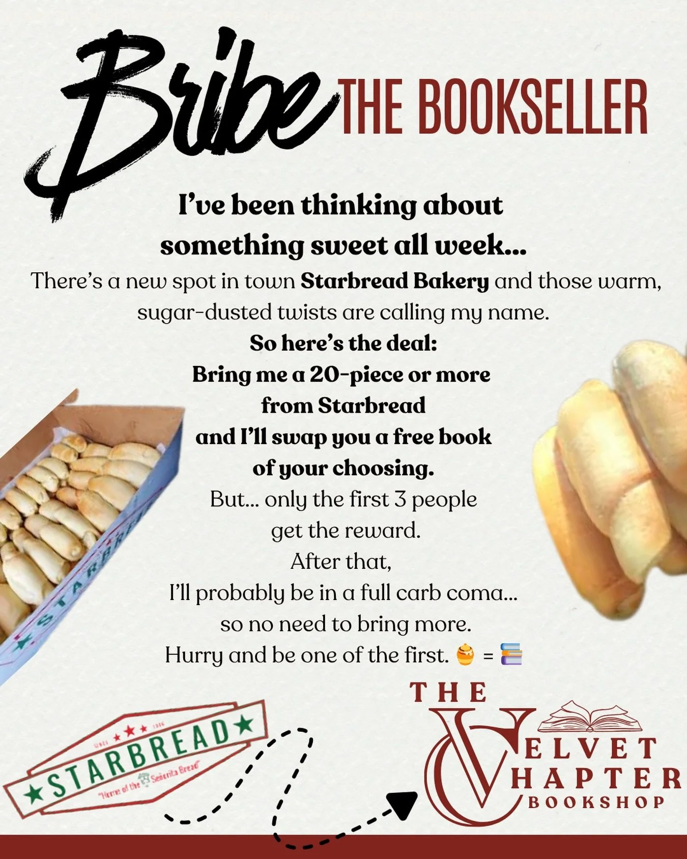 Not lembas bread&hellip; but it&rsquo;ll do. 🧝&zwj;♂️

Bring a 20+ piece from Starbread Bakery
and trade it for a FREE book within The Velvet Chapter ✨📚

First 3 only.

Even Hobbits would hurry.