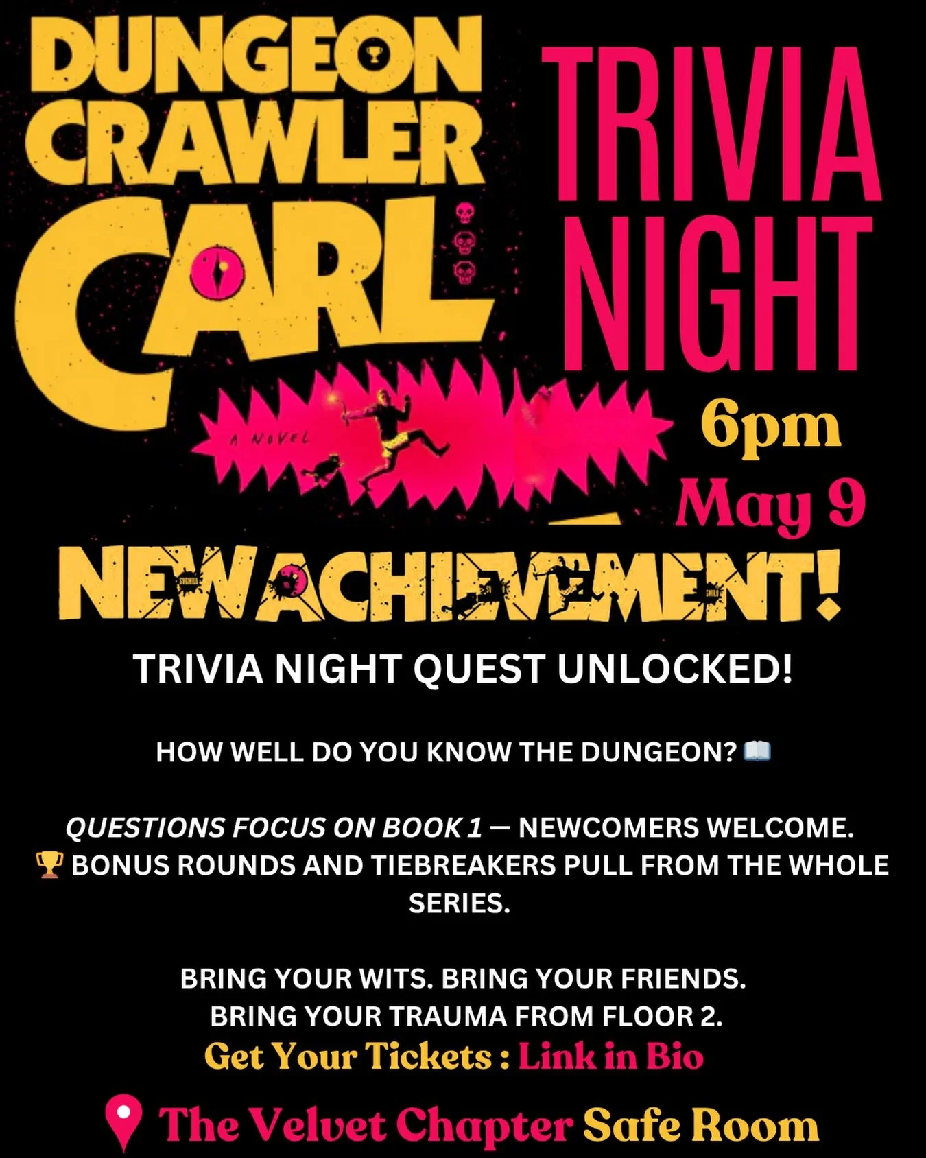 TRIVIA NIGHT QUEST UNLOCKED ⚠️
📅 May 9 &bull; 6pm 
📍 The Velvet Chapter &mdash; Safe Room
📖 Questions stay in Book 1. Newcomers welcome. Bonus rounds and tiebreakers pull from the whole series.
🏆 Winner: book + Velvet Chapter loot box.
Bring your