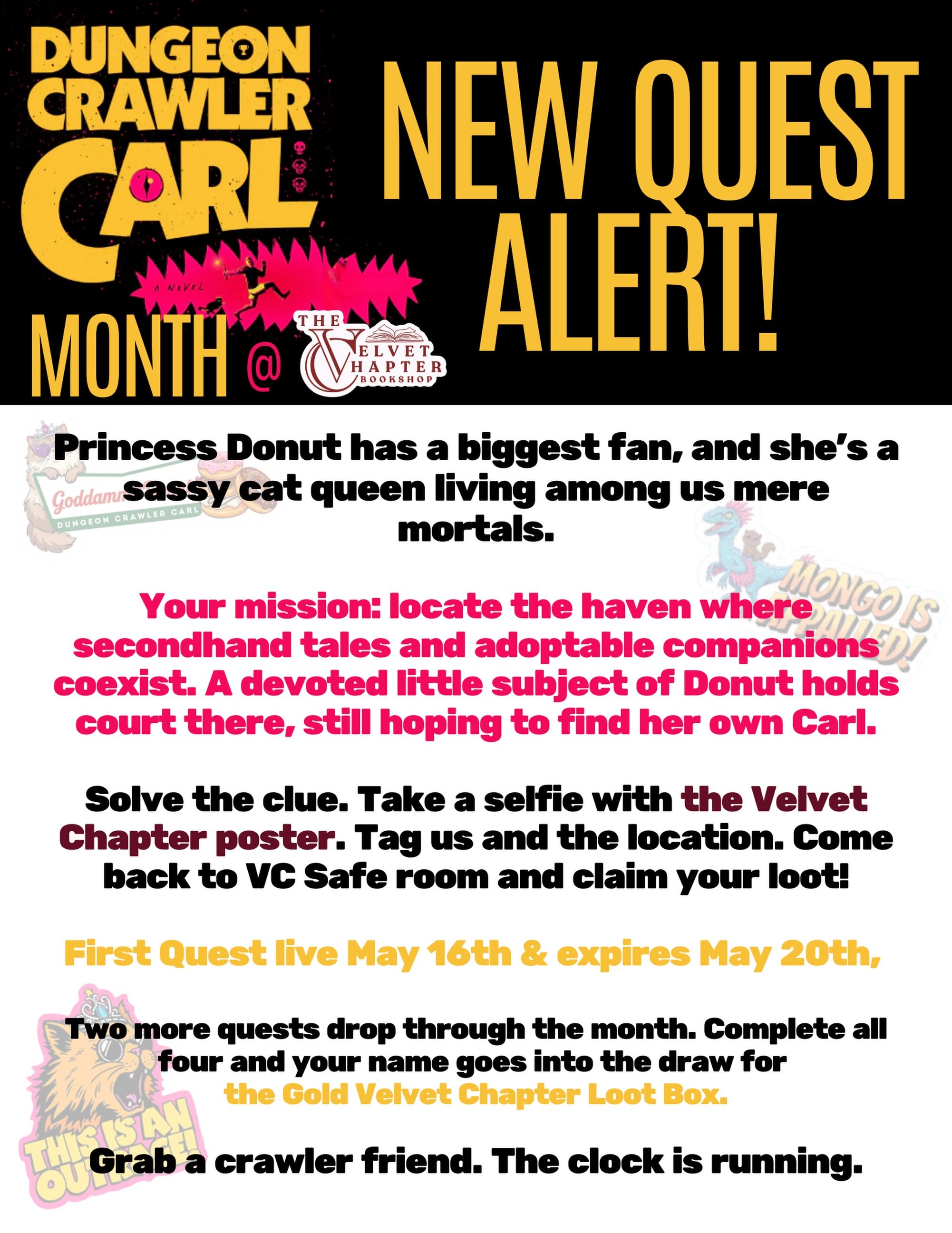 🚨 NEW QUEST ALERT 🚨
Quest 2 is live.
Princess Donut&rsquo;s biggest fan is out there somewhere. Crack the clue, find the loot.
Tag a crawler friend who&rsquo;s in. Expires May 20. 🗝️
#DungeonCrawlerCarl #DCCMonth #thevelvetchapter