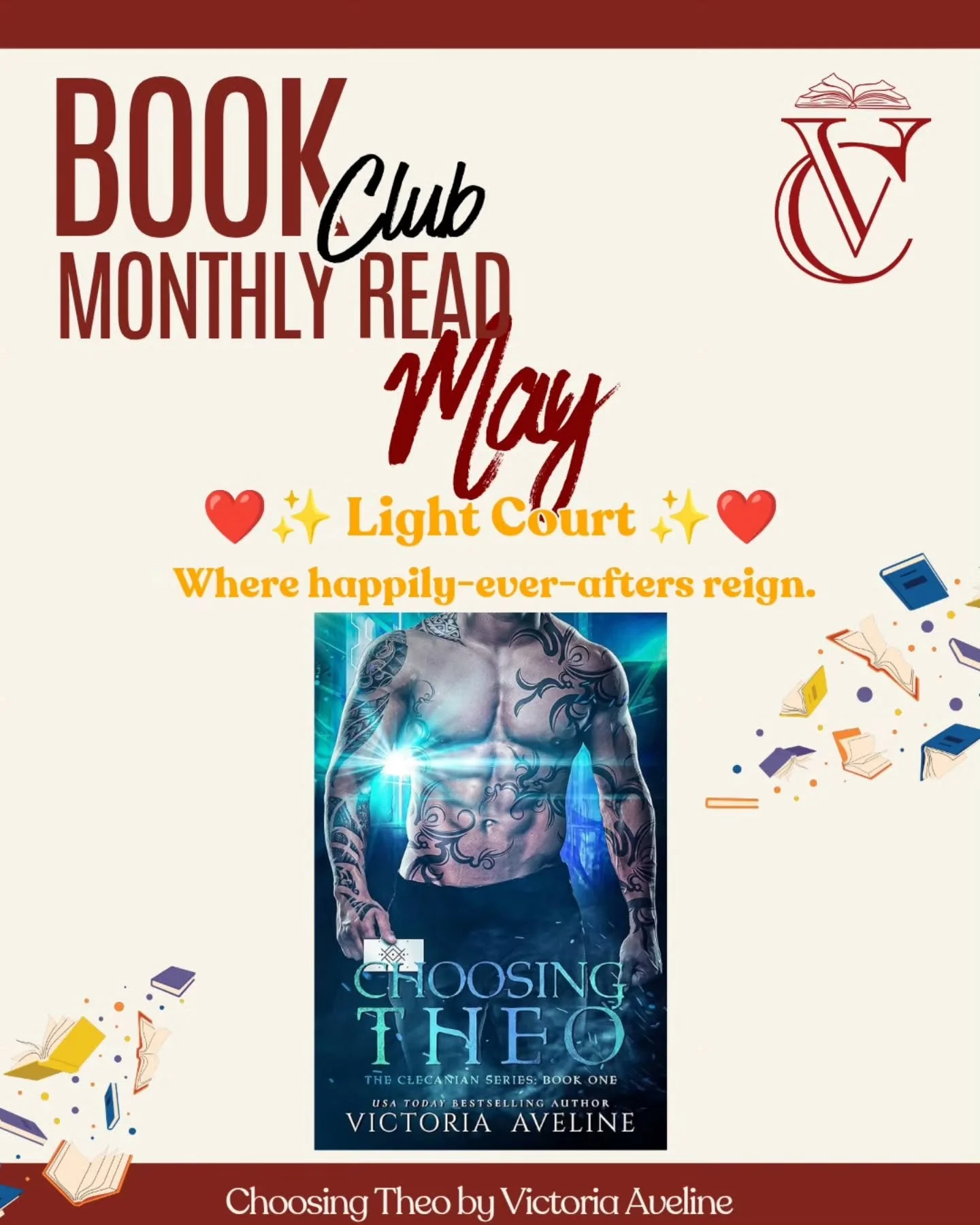 Want to know what our book clubs are reading this month? 📚

Here&rsquo;s what&rsquo;s waiting across the courts at TVC:

☀️ Light Court
Choosing Theo by Victoria Aveline &mdash; sci-fi romance, tension, and an alien hero readers can&rsquo;t stop obs