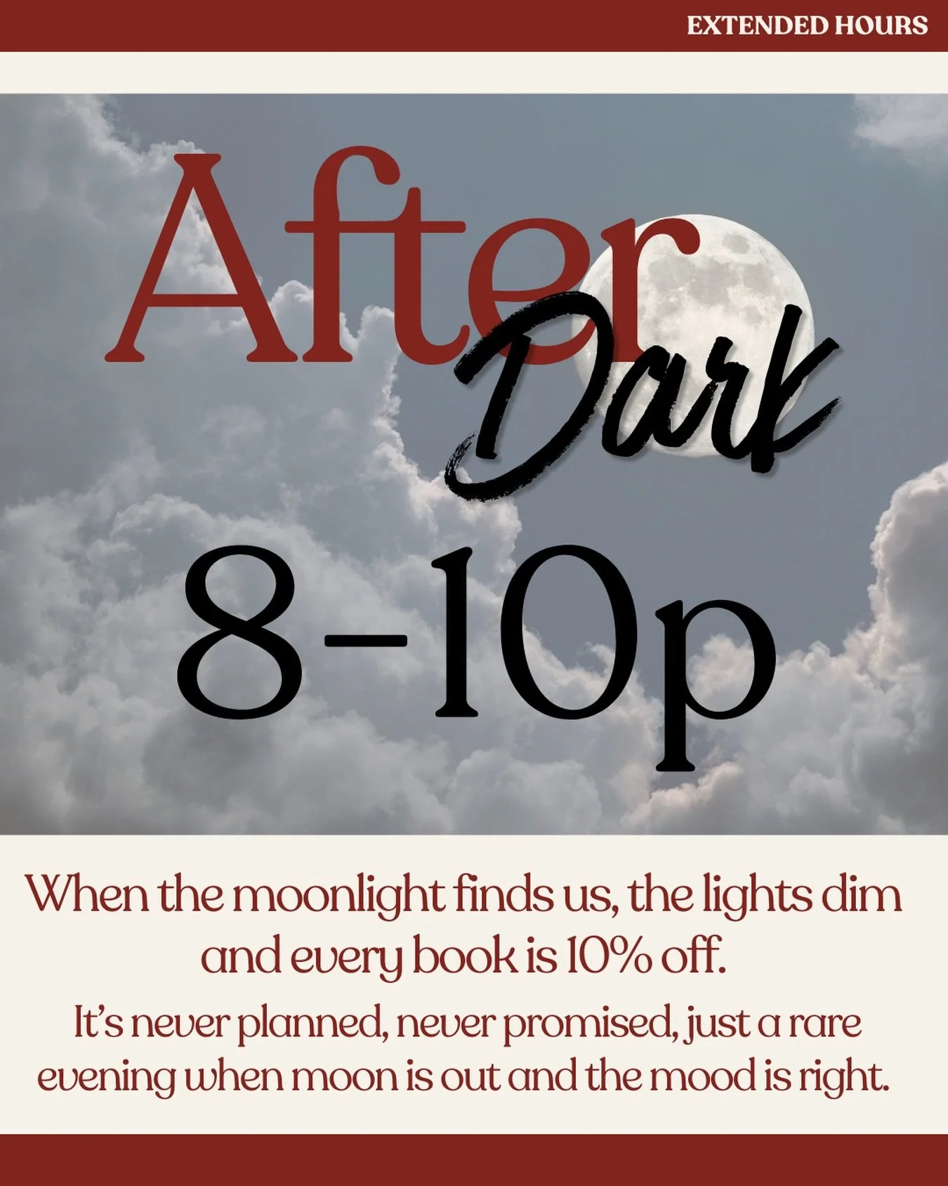After Dark.
When the moonlight finds us, the lights dim and every book is 10% off.
Never planned. Never promised. Just a rare evening when the moon is out and the mood is right.
Tonight, 8-10pm. Come find us.

#thevelvetchapter #afterdark