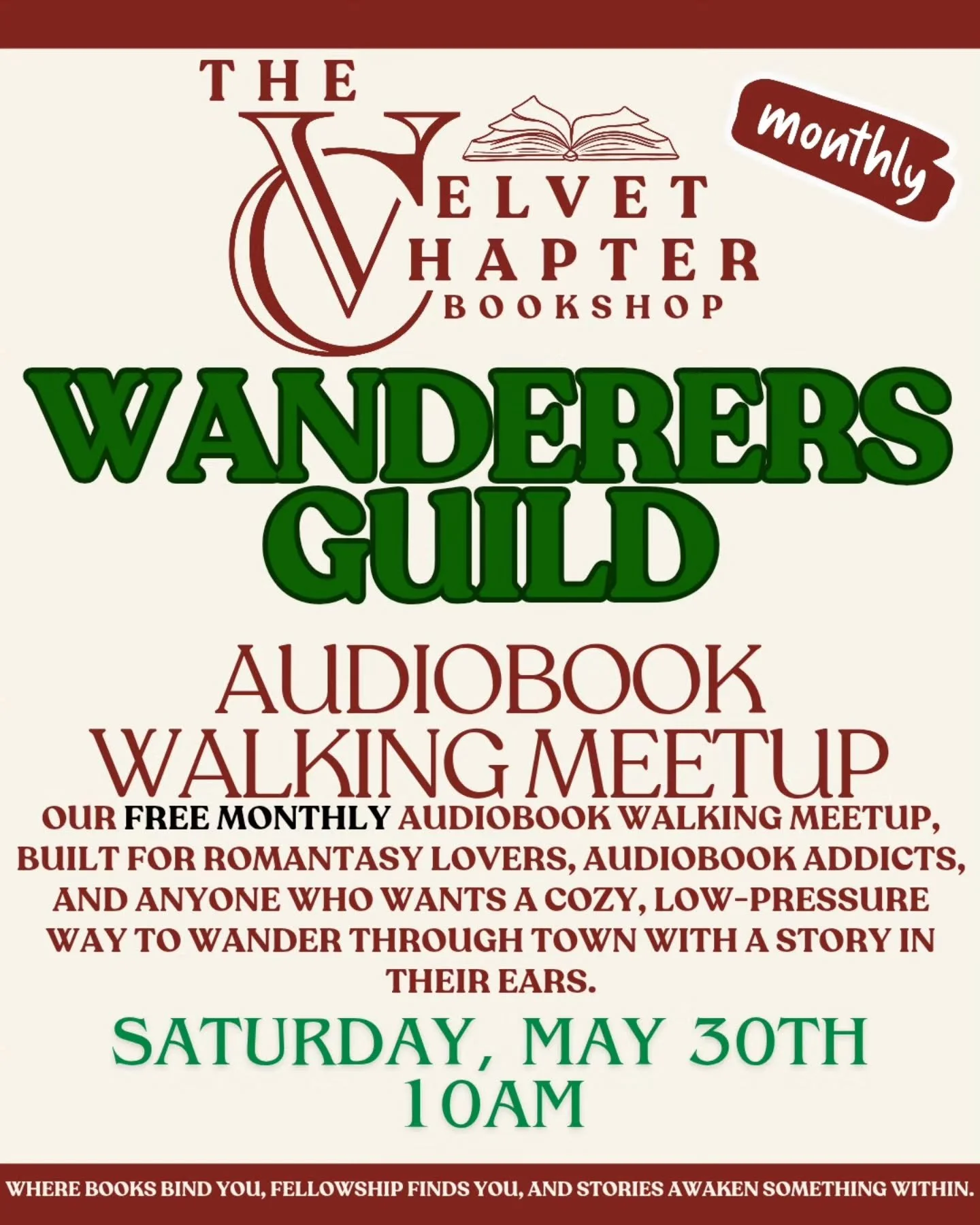 Wanderers Guild returns Saturday, May 30th at 10 AM 🎧📚

Grab your headphones, your current audiobook obsession, and come wander with us through downtown Petaluma for a cozy, low-pressure morning built for romantasy lovers, audiobook addicts, and an