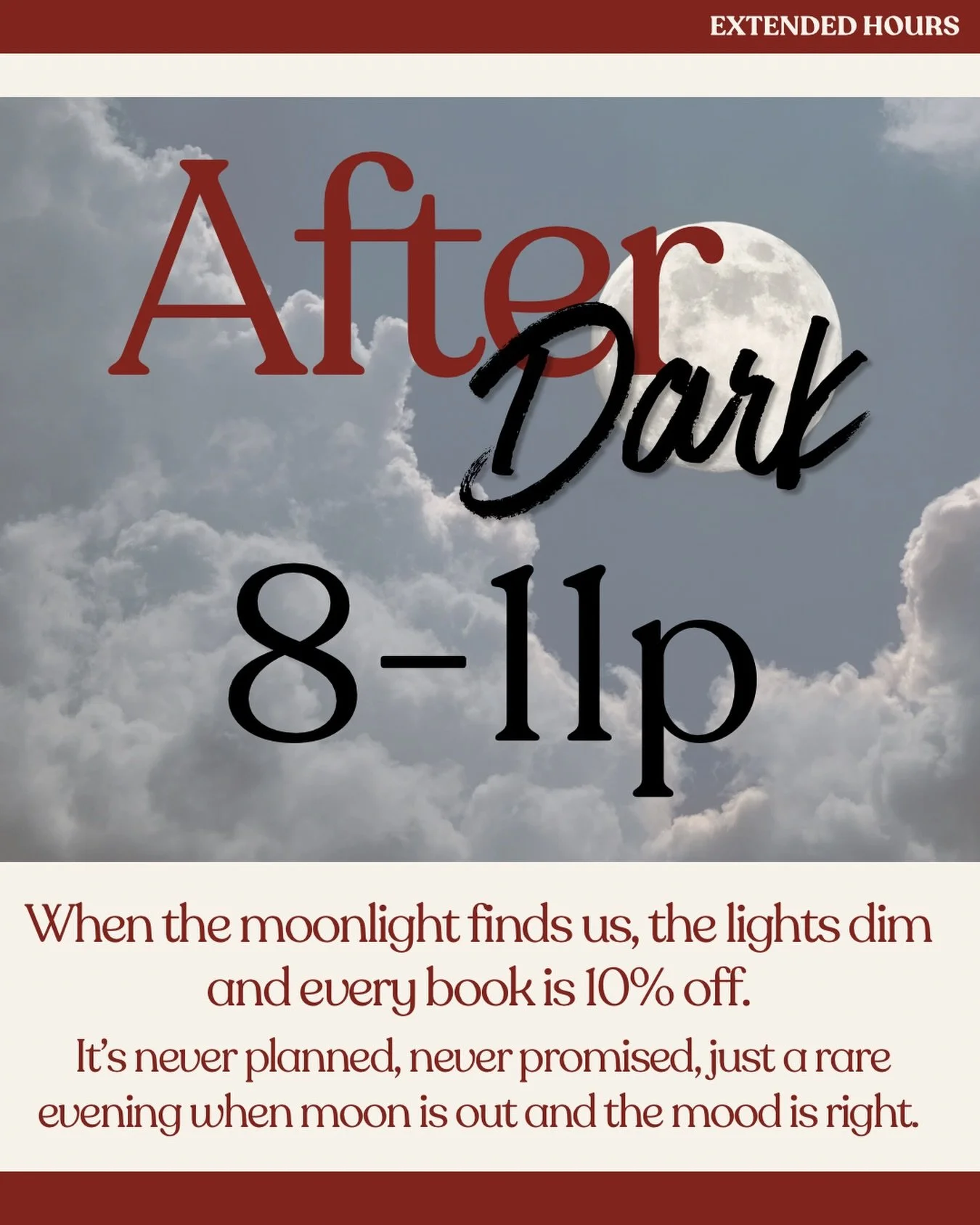 After dark tonight. 8 to 11.
I&rsquo;m staying late, the lights are coming down, and everything in the shop is 10% off until I close the door.
This isn&rsquo;t a sale. It&rsquo;s a mood. The kind of evening that doesn&rsquo;t get put on the calendar 