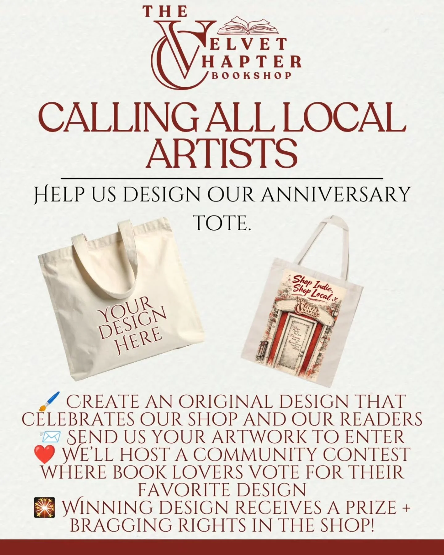 🎨📚 Design Our Anniversary Tote Bag Contest! 📚🎨

As we get closer to celebrating The Velvet Chapter's first anniversary, we're looking back on an incredible year of books, community, and unforgettable stories and we want YOU to help us create our 