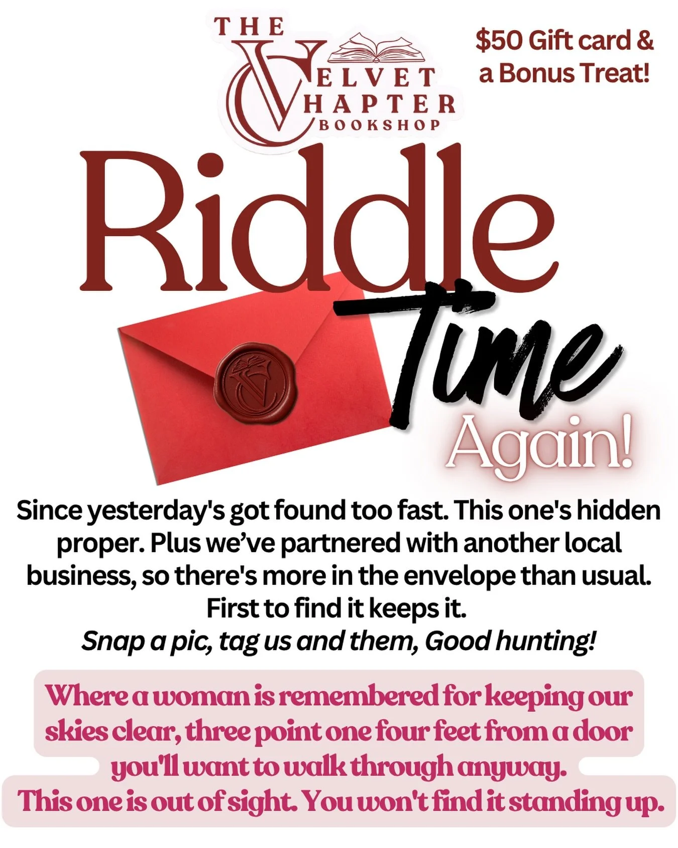 🚨 RIDDLE TIME AGAIN! 🚨

Okay, yesterday&rsquo;s got found WAY too fast 😂 So we made this one a little harder.

We&rsquo;ve hidden another envelope somewhere in Petaluma, and this time there&rsquo;s a $50 Velvet Chapter gift card PLUS a bonus treat