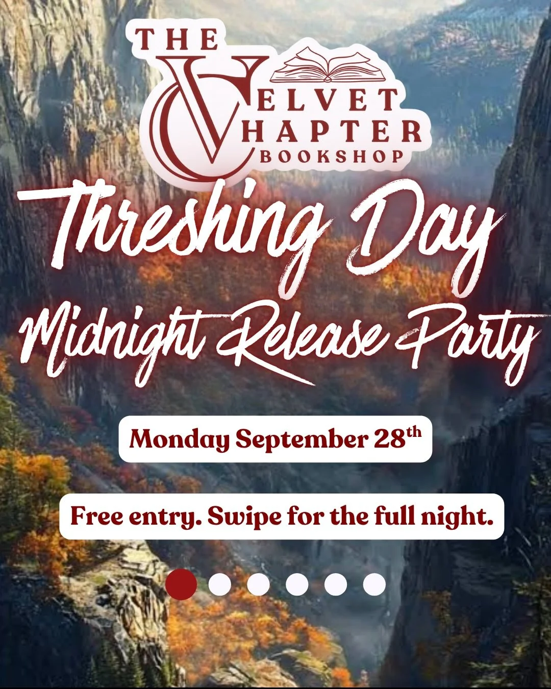 Join us at The Velvet Chapter for our Threshing  Day &ldquo;Midnight&rdquo; Release Party as we count down to the release together. ⚔️📚

Monday, September 28th | 7 PM
📍 The Velvet Chapter &bull; Petaluma
🎟️ FREE ENTRY

Starting at 7 PM, we&rsquo;r