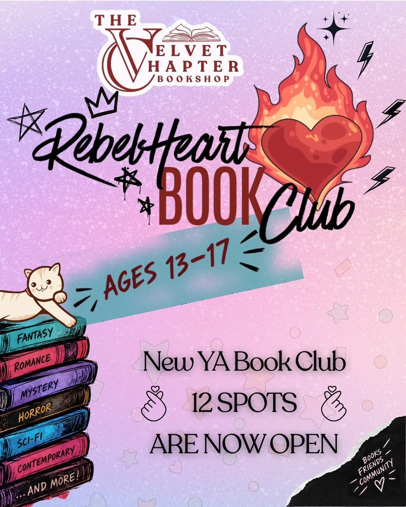 Got a teen who always has their nose in a YA book? 📚
RebelHeart Book Club is our new club for readers 13 to 17, led by Ella a SSU student from our team.
🔥 $25/month, includes 20% off the book of the month plus quarterly merch 🔥 Meets in our open l