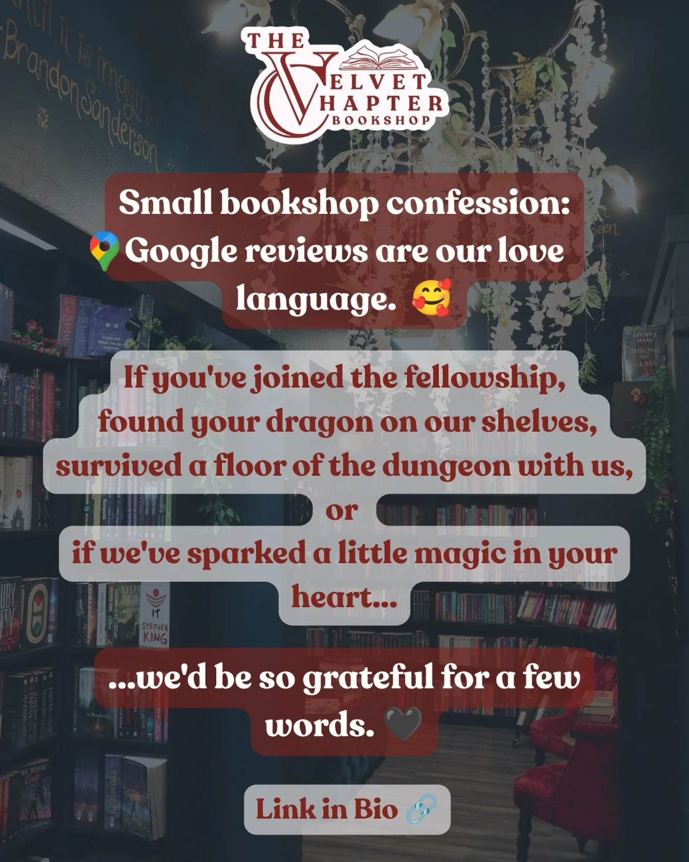 Small bookshops survive because people choose to show up for them. ❤️📚

Every time you visit The Velvet Chapter, come to an event, tell a friend about us, or leave us a Google review, you&rsquo;re helping this weird little bookish dream keep growing
