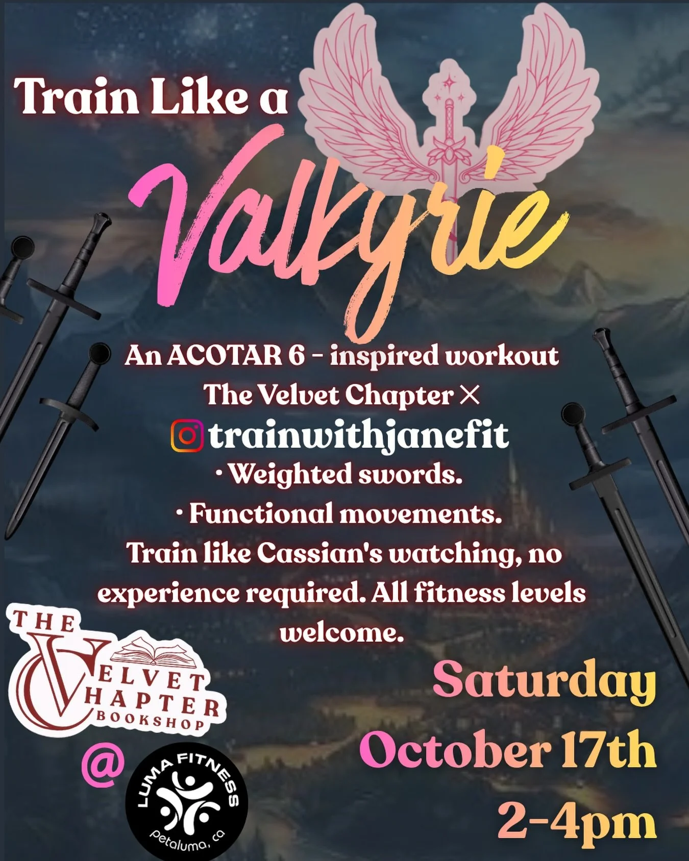 ⚔️ TRAIN LIKE A VALKYRIE ⚔️

Ready to see what you&rsquo;re made of?

Join The Velvet Chapter &amp; @trainwithjanefit for an ACOTAR-inspired afternoon of strength, movement, and a little Night Court energy.

Think Valkyrie training&hellip; with Cassi