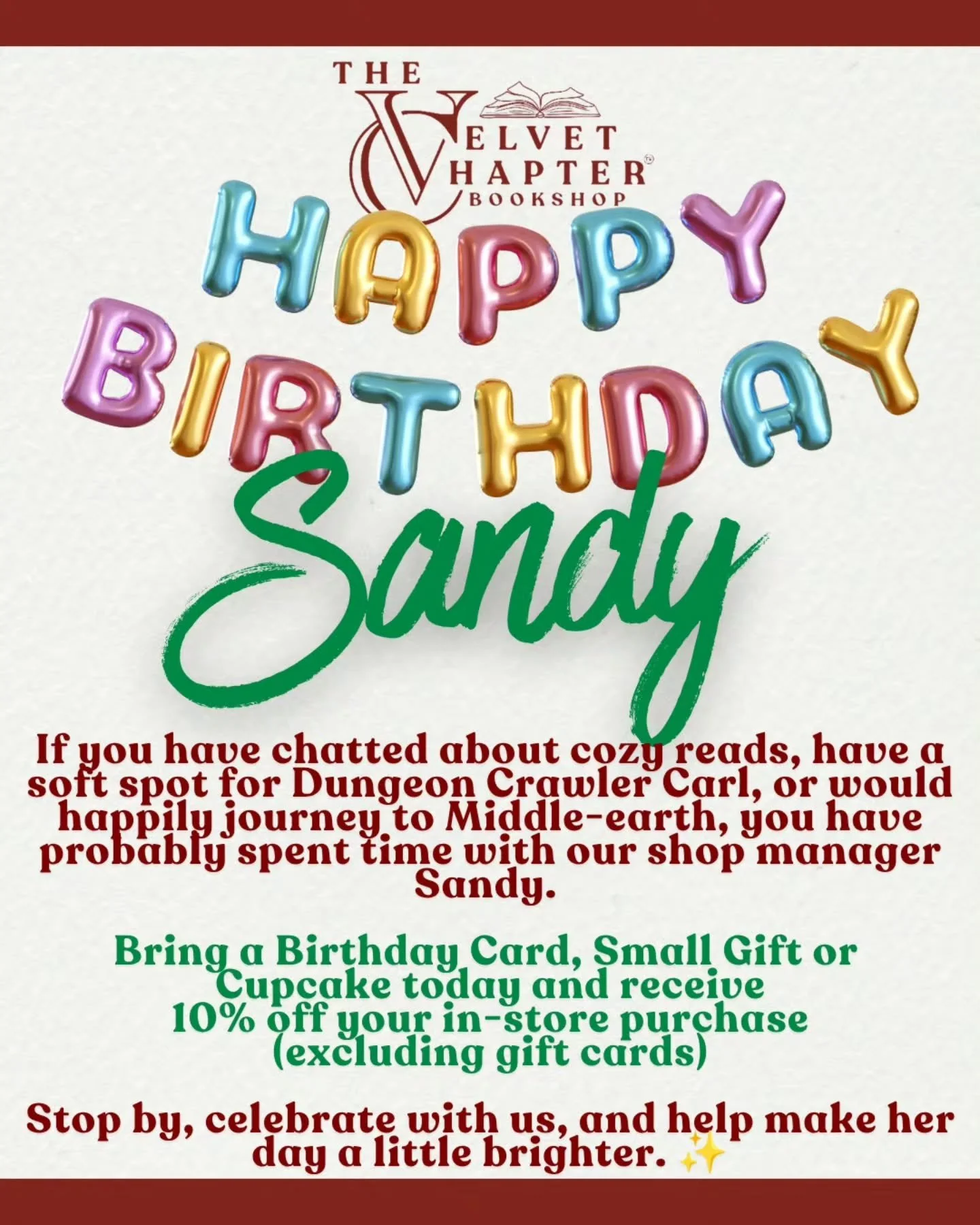 🎂 IT&rsquo;S SANDY&rsquo;S BIRTHDAY! 🎂

Our favorite cozy-book-loving, Dungeon Crawler Carl-reading, Middle-earth-adventuring shop manager is celebrating another trip around the sun! 📚🧙&zwj;♂️🍄

Want to help us make Sandy&rsquo;s day a little mo