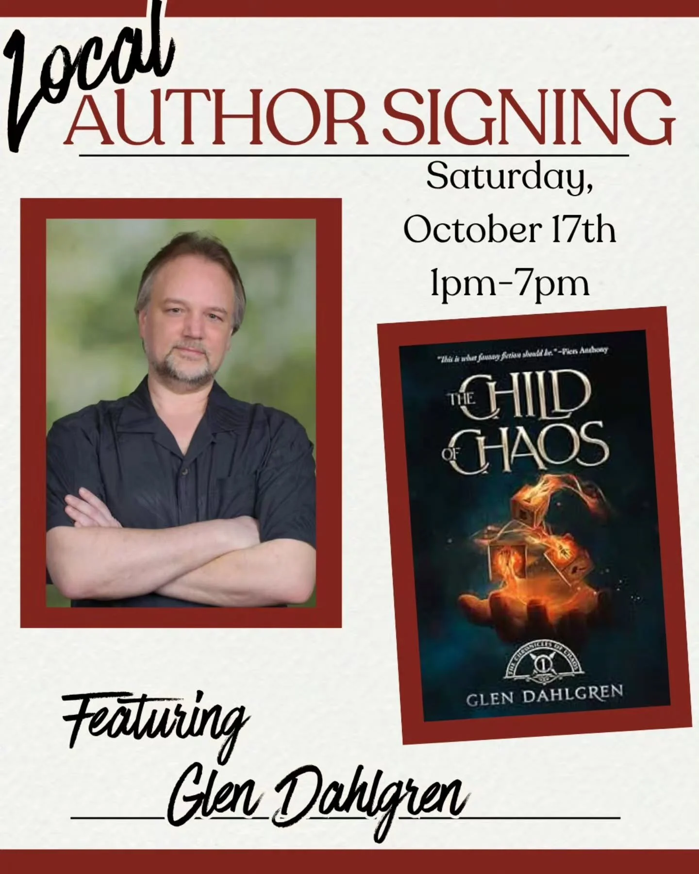 AUTHOR SIGNING UPDATE 📚

A little change of plans, book lovers! ❤️

Our local author signing with Glen Dahlgren, author of The Child of Chaos, has been rescheduled to NEXT WEEKEND! ✨

We can&rsquo;t wait to welcome Glen to The Velvet Chapter and cel
