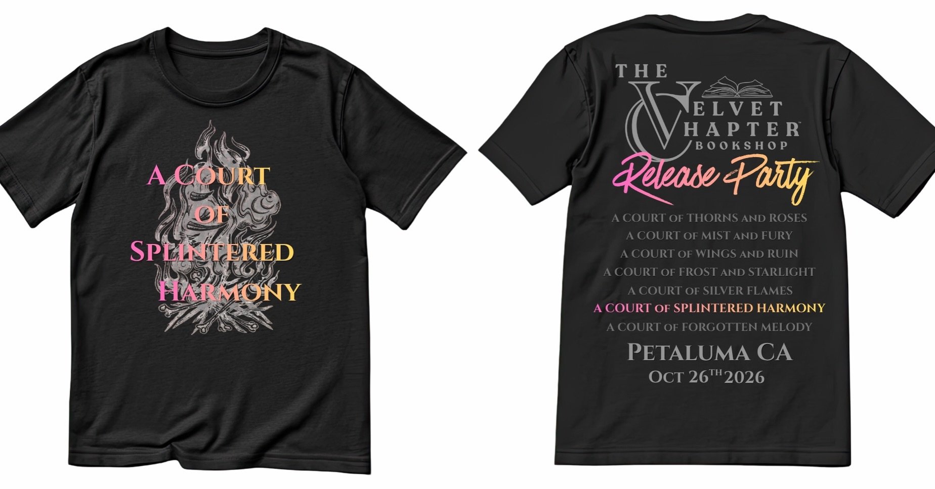 The Valkyrie Cycle deserves a tour shirt. l.. or hoodie.🔥
Our A Court of Splintered Harmony Release Party merch is here, band tee style.
Tee $35 | Hoodie $55 | S to 3XL
⏳ WANT IT FOR RELEASE NIGHT? Order by Sunday 10/18 at 11:59 PM. 
That batch is p