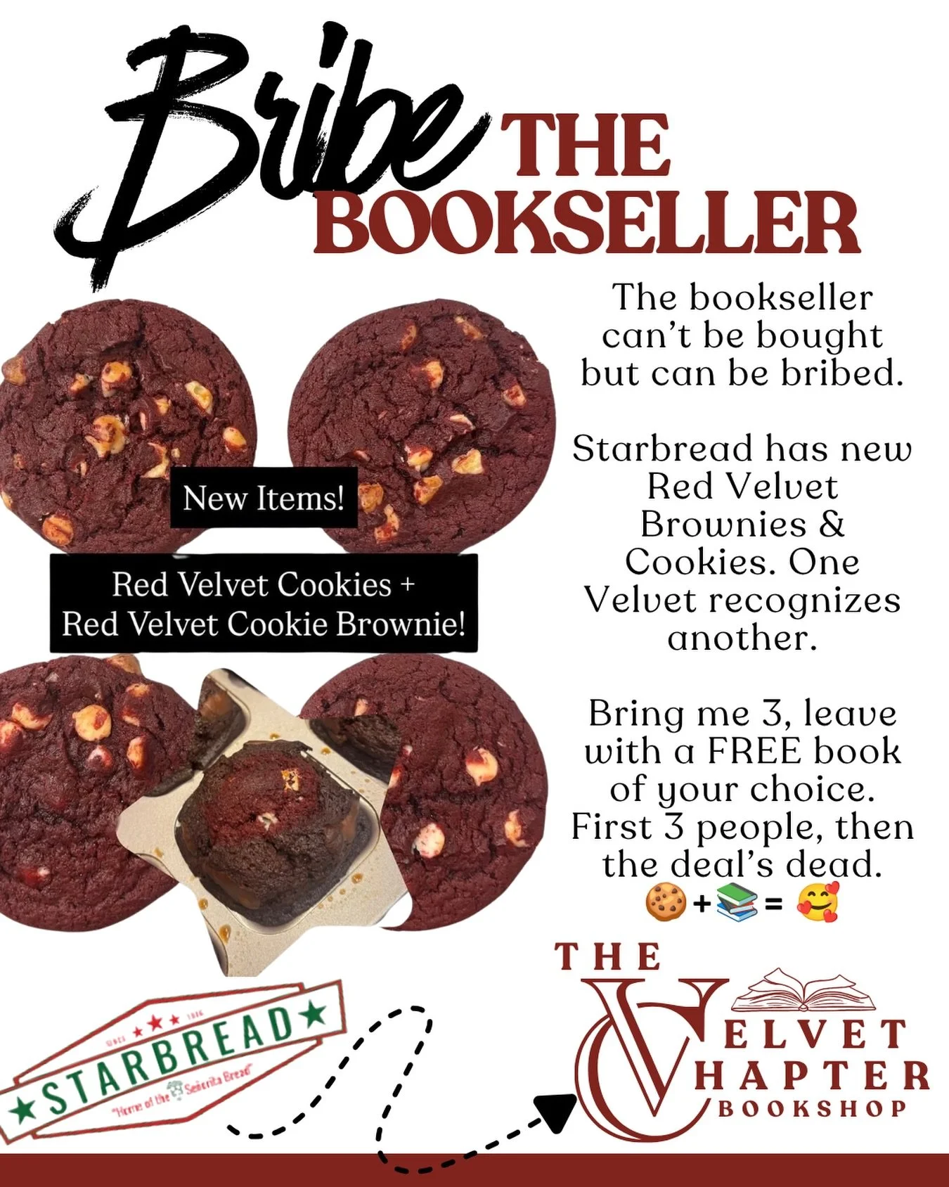 Bribe the Bookseller is back, on a Wednesday! @starbread.petaluma made red velvet, which means it&rsquo;s basically ours now. Bring me 3, take a book home. First 3 people only.
#BribeTheBookseller #PetalumaCA #thevelvetchapter