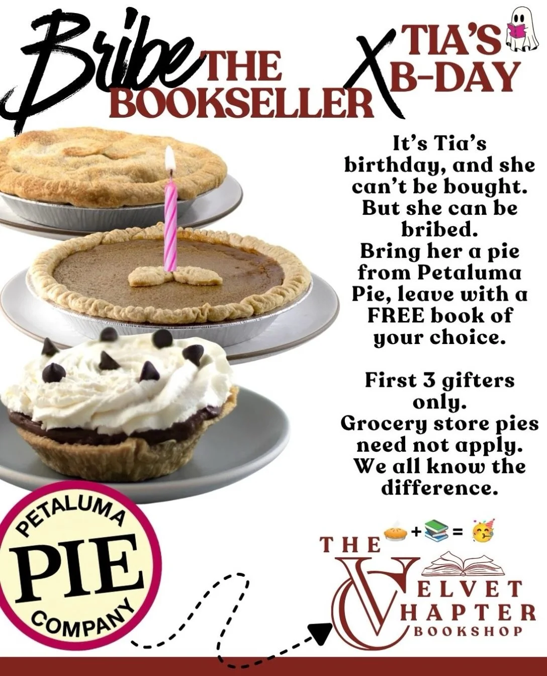 👻🥧📚 A birthday ghostie will be haunting The Velvet Chapter all day today, and she has one request&hellip; PIE!

It&rsquo;s @book.ghostie birthday, and apparently this spirit can be bribed! 👀

Bring her a pie from Petaluma Pie Company and leave wi