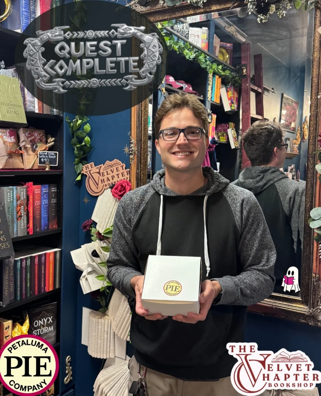 QUEST COMPLETE. 👻🥧📚

A weary traveler has answered the call! Sent on a quest to secure a tale for his wife, he arrived bearing a pie from @petalumapie and successfully bartered his offering for a book of his choosing.

The birthday ghostie has bee