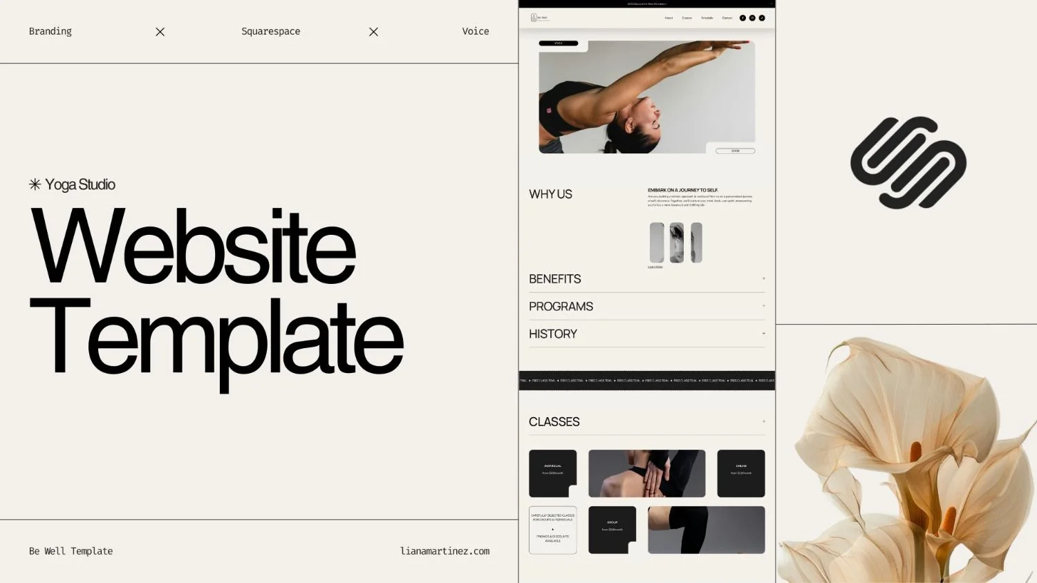 Website homepage for Be Well Yoga Studio featuring a woman in a yoga pose with her arms extended forward, promoting yoga classes, benefits, programs, and memberships.