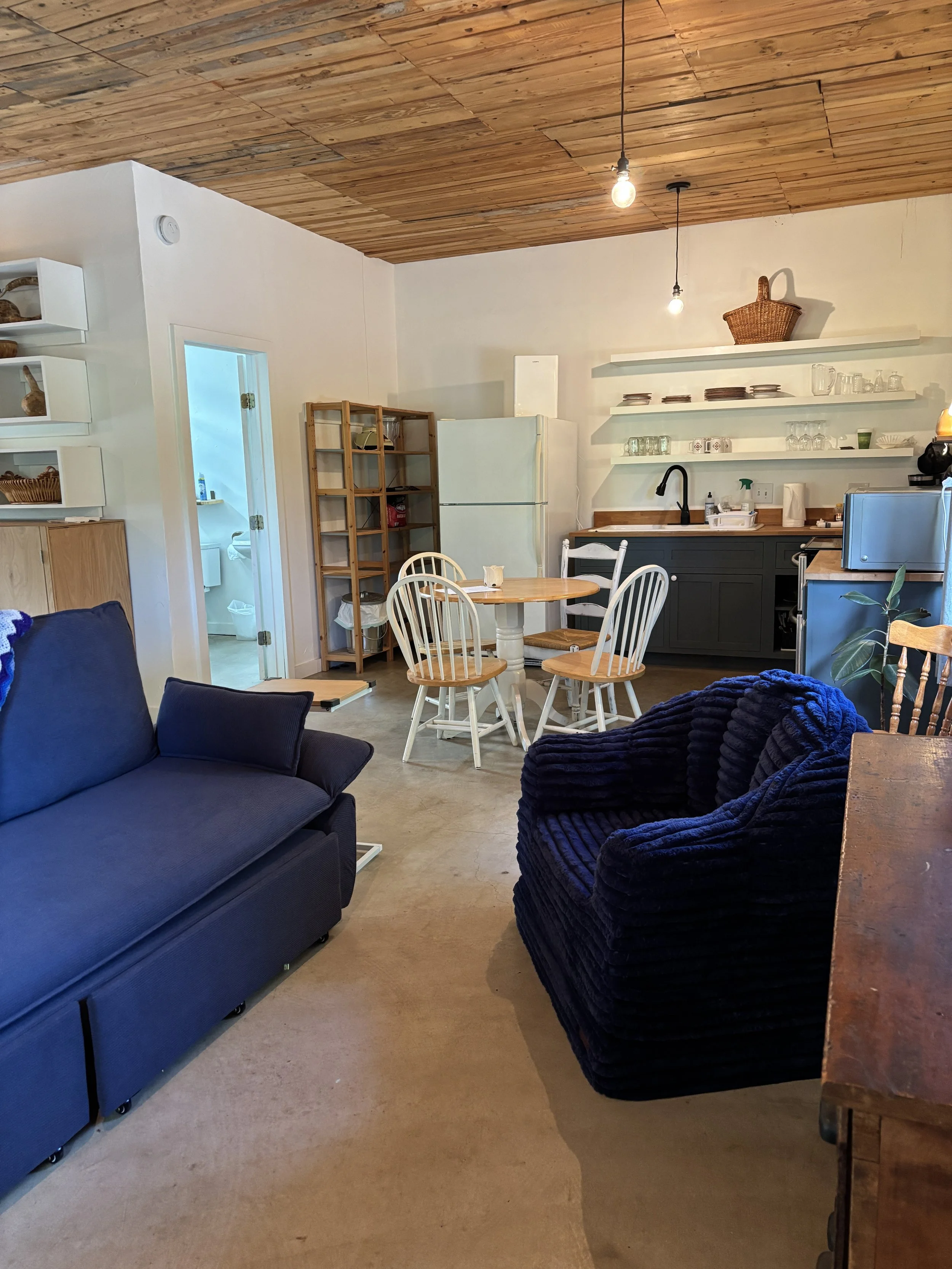 Living room with beige carpeted floor, navy blue sofa, and dark blue armchair. Wooden dining table with four white chairs. Open kitchen with white shelves, black cabinets, and black sink. Wooden ceiling with exposed light fixtures. Open doorway leadi