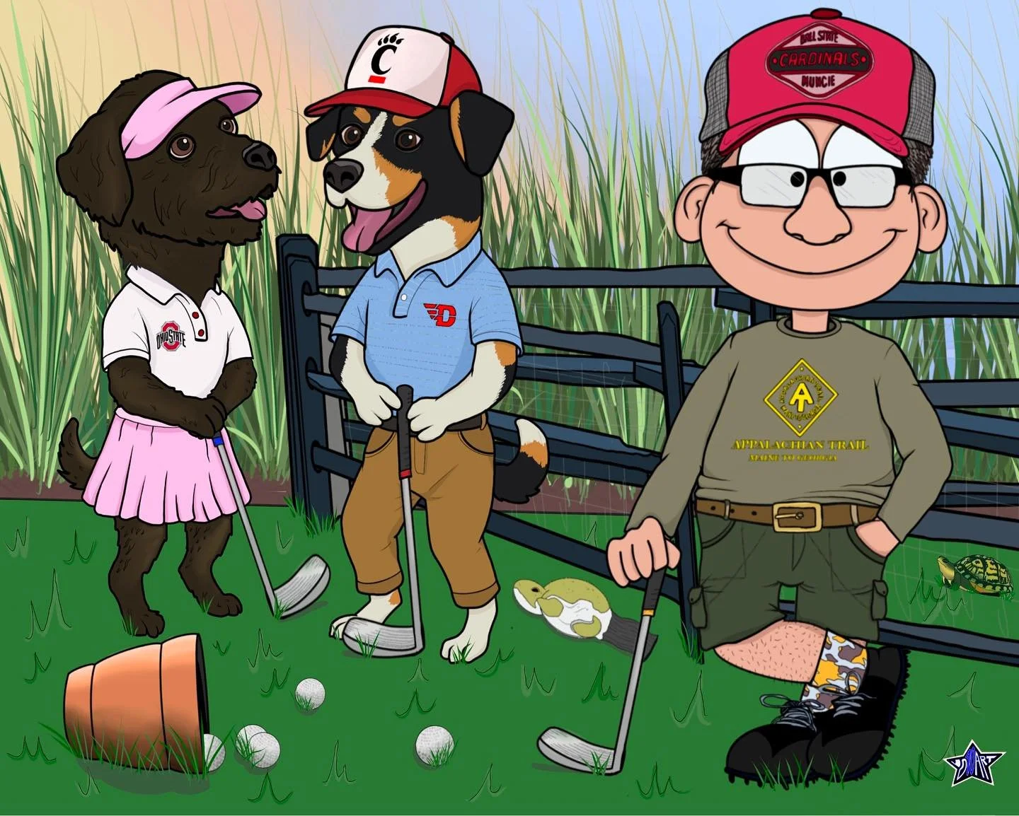 Another PERSONALIZED order. ⛳️🏌️&zwj;♀️🐕&zwj;🦺🦮
Putting in the yard with his two dogs. 
- sports merchandise for his favorite teams
- a shirt he wears a lot 
- his turtle headcover for his golf clubs 
- his golf bag pattern on his socks 
- a hidd