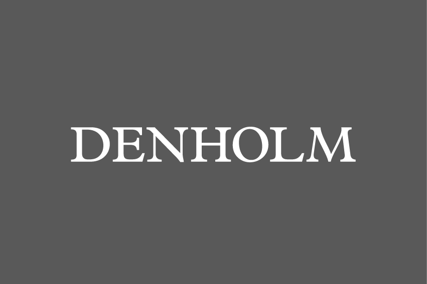 Gray background with white text displaying the word "DENHOLM."