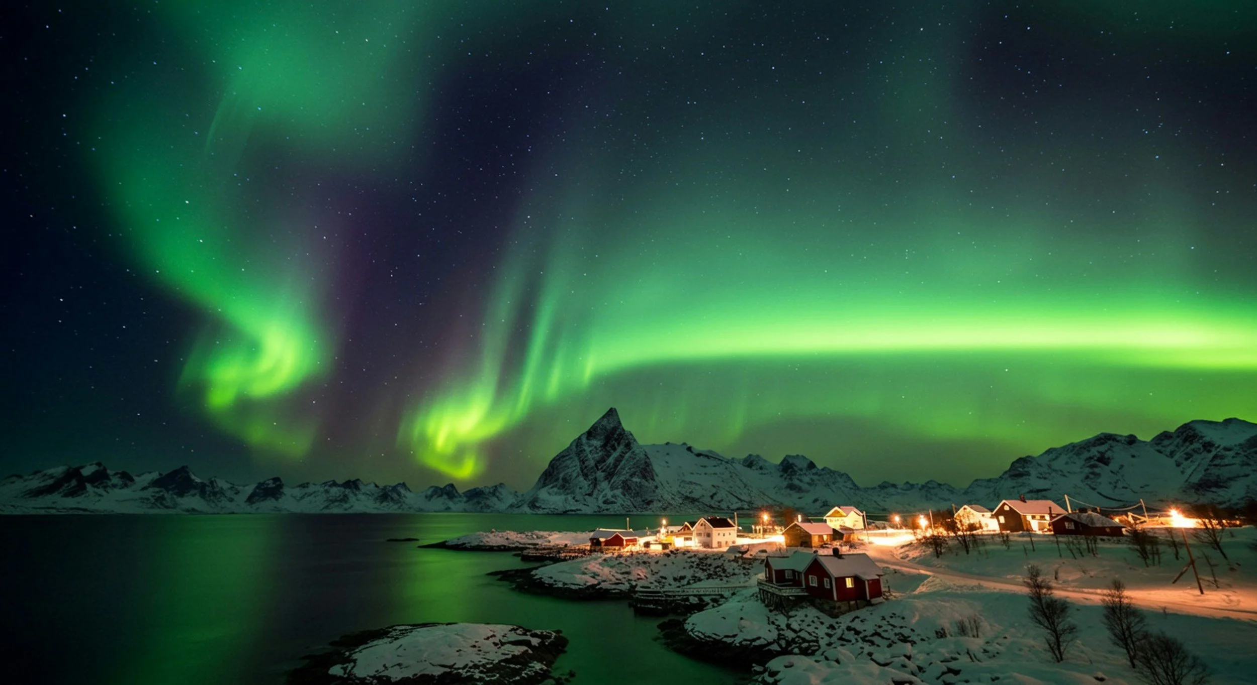 Northern lights over snowy mountains in Alaska